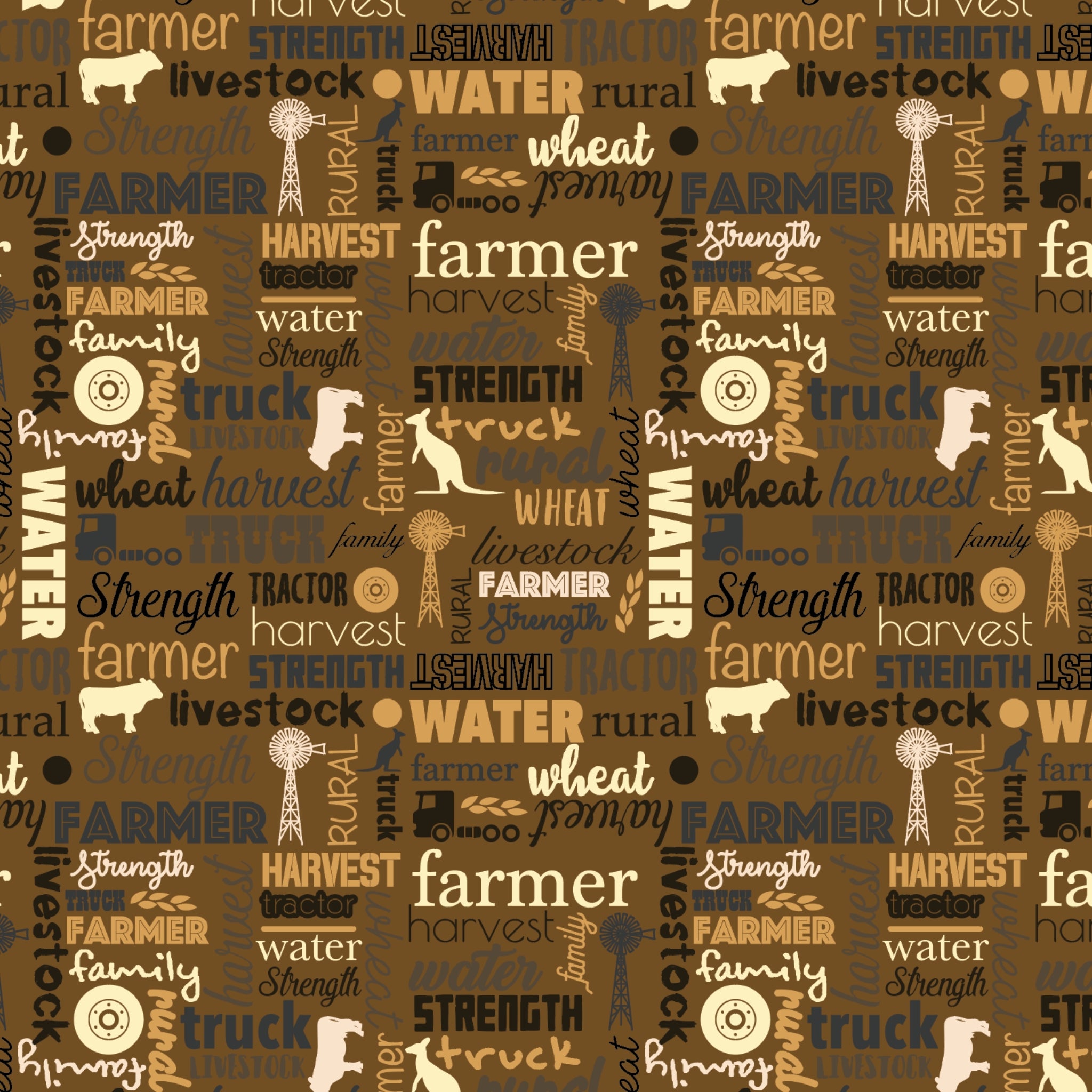 Australian farm words on brown fabric with Australiana text and outback phrases for quilting, patchwork, and sewing