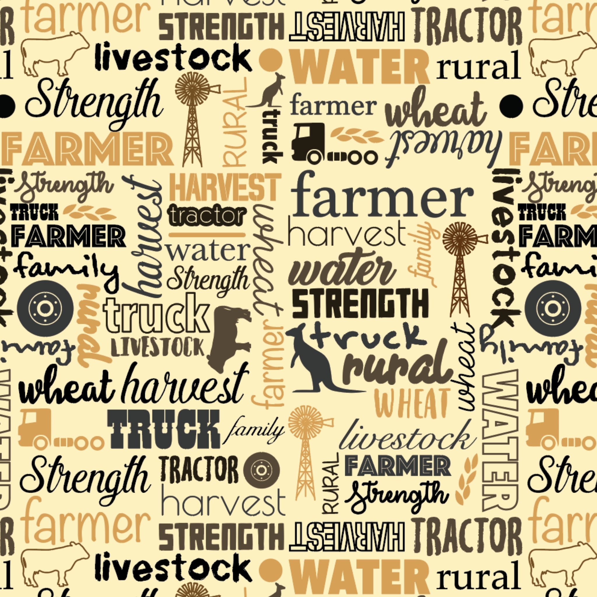 Australian farm words on cream fabric with Australiana text and outback phrases for quilting, patchwork, and sewing