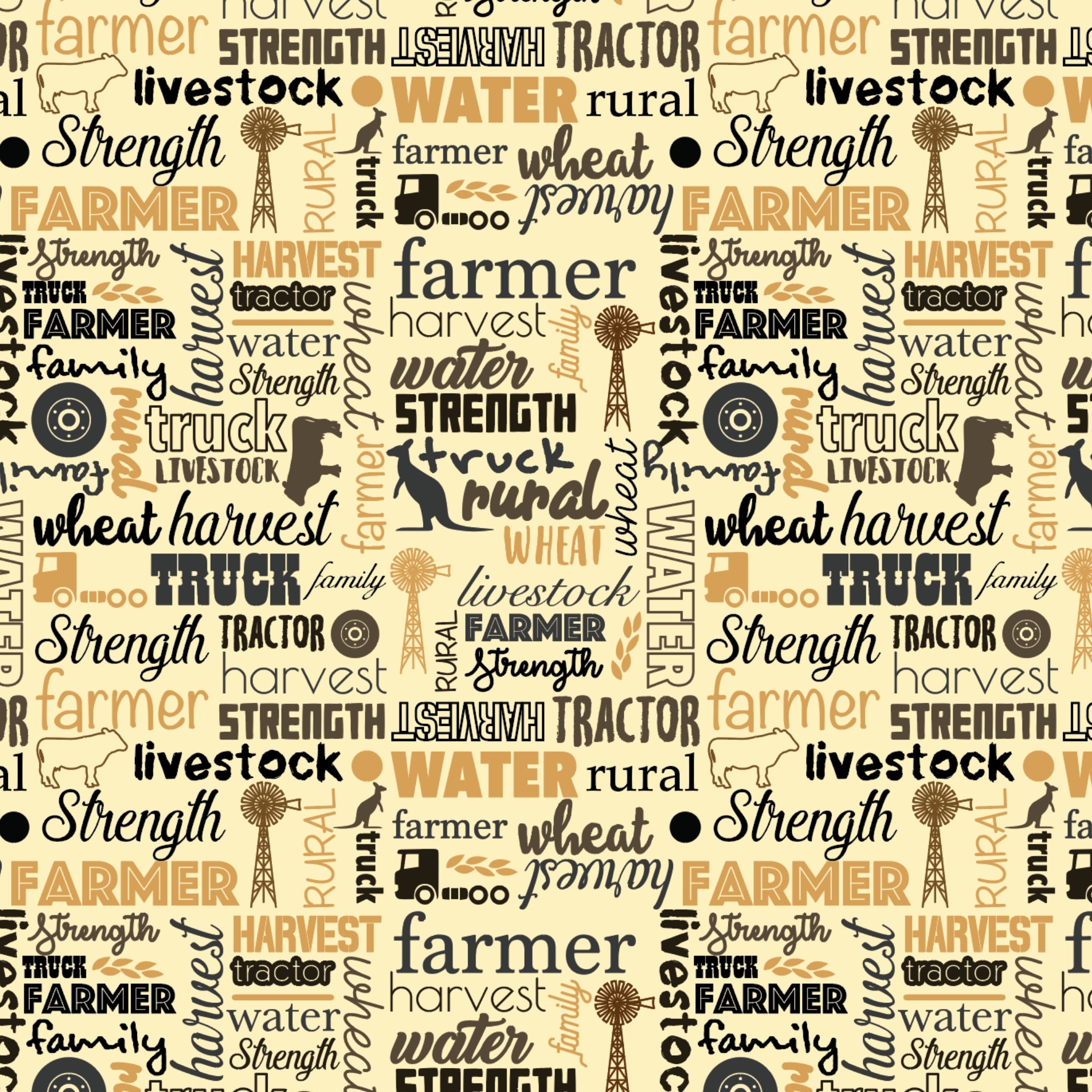 Australian farm words on cream fabric with Australiana text and outback phrases for quilting, patchwork, and sewing