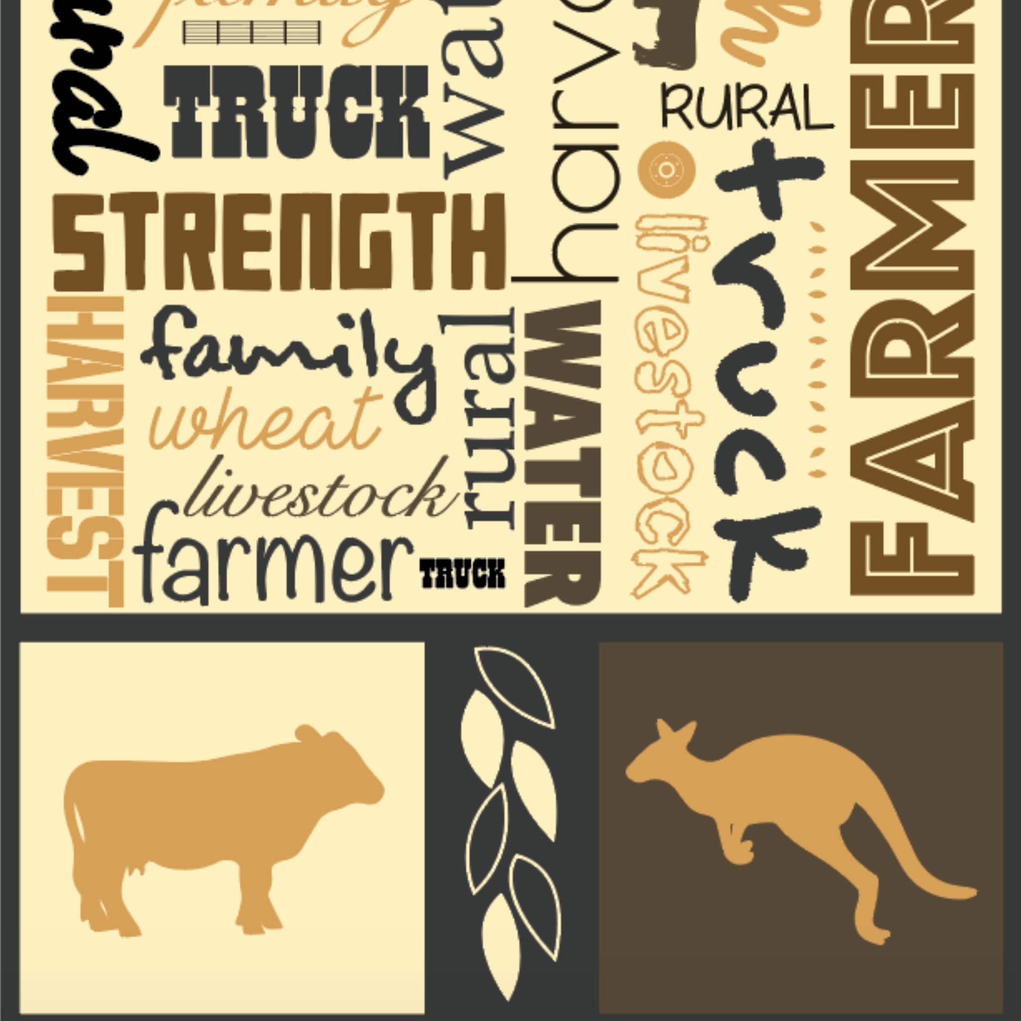 Australian farm words panel with Australiana text and outback phrases for quilting, patchwork, and sewing projects