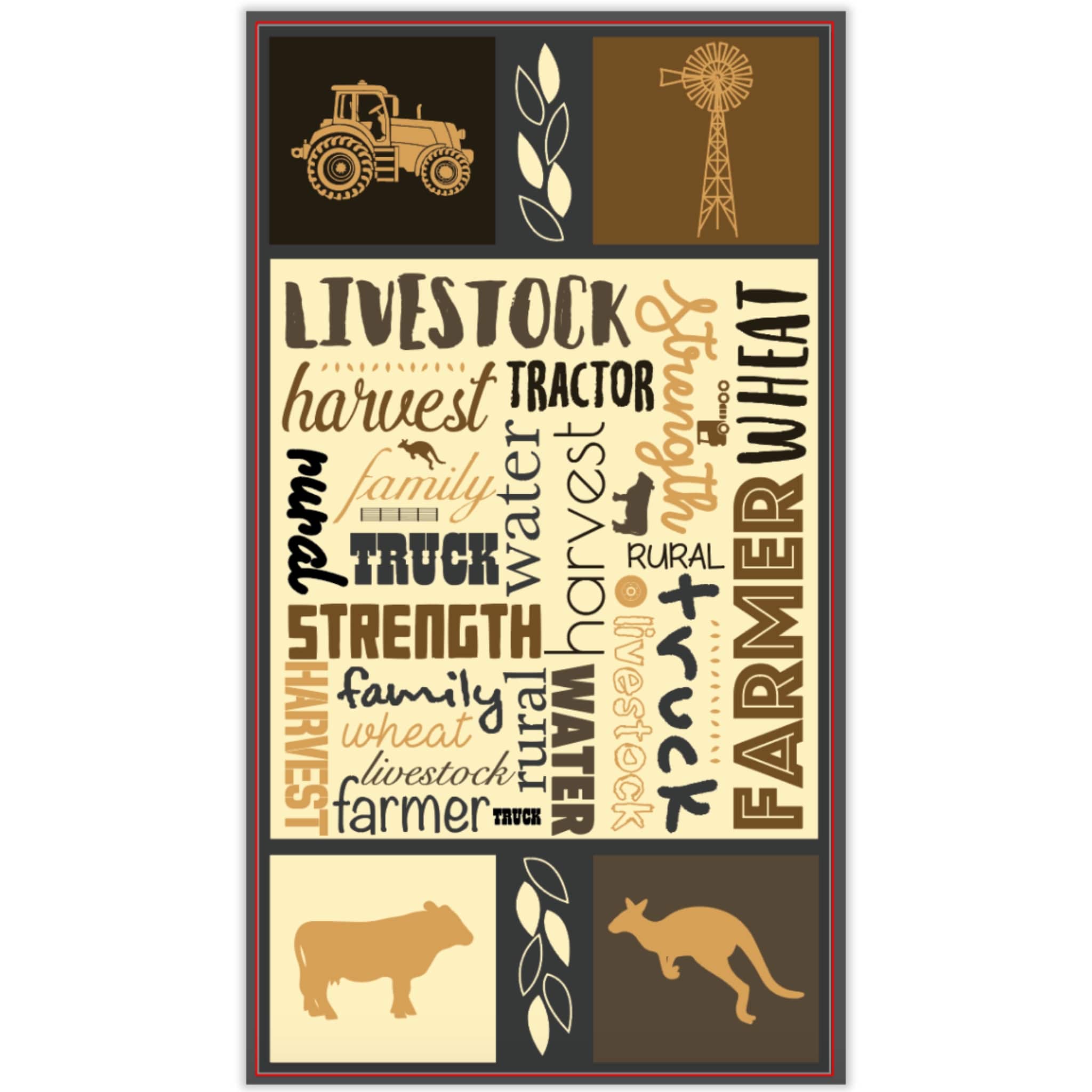 Australian farm words panel with Australiana text and outback phrases for quilting, patchwork, and sewing projects