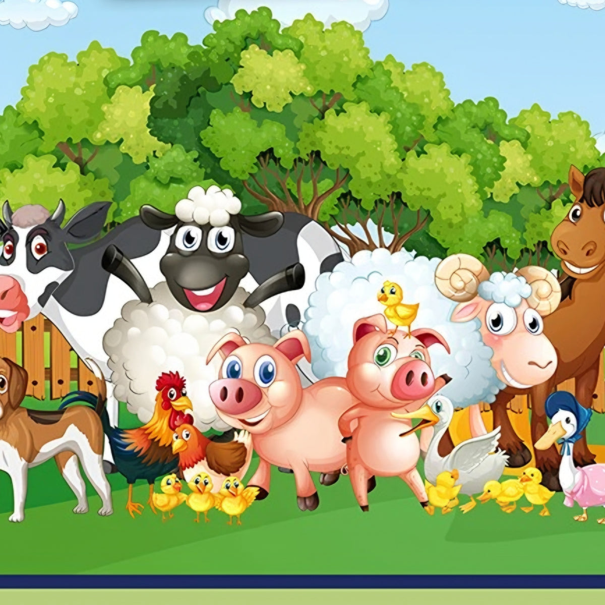 Cartoon farm animals cow sheep pig horse dog rooster chicks ducks blue sky kids panel multi quilting fabric wall hangings baby play mats farm themed quilts