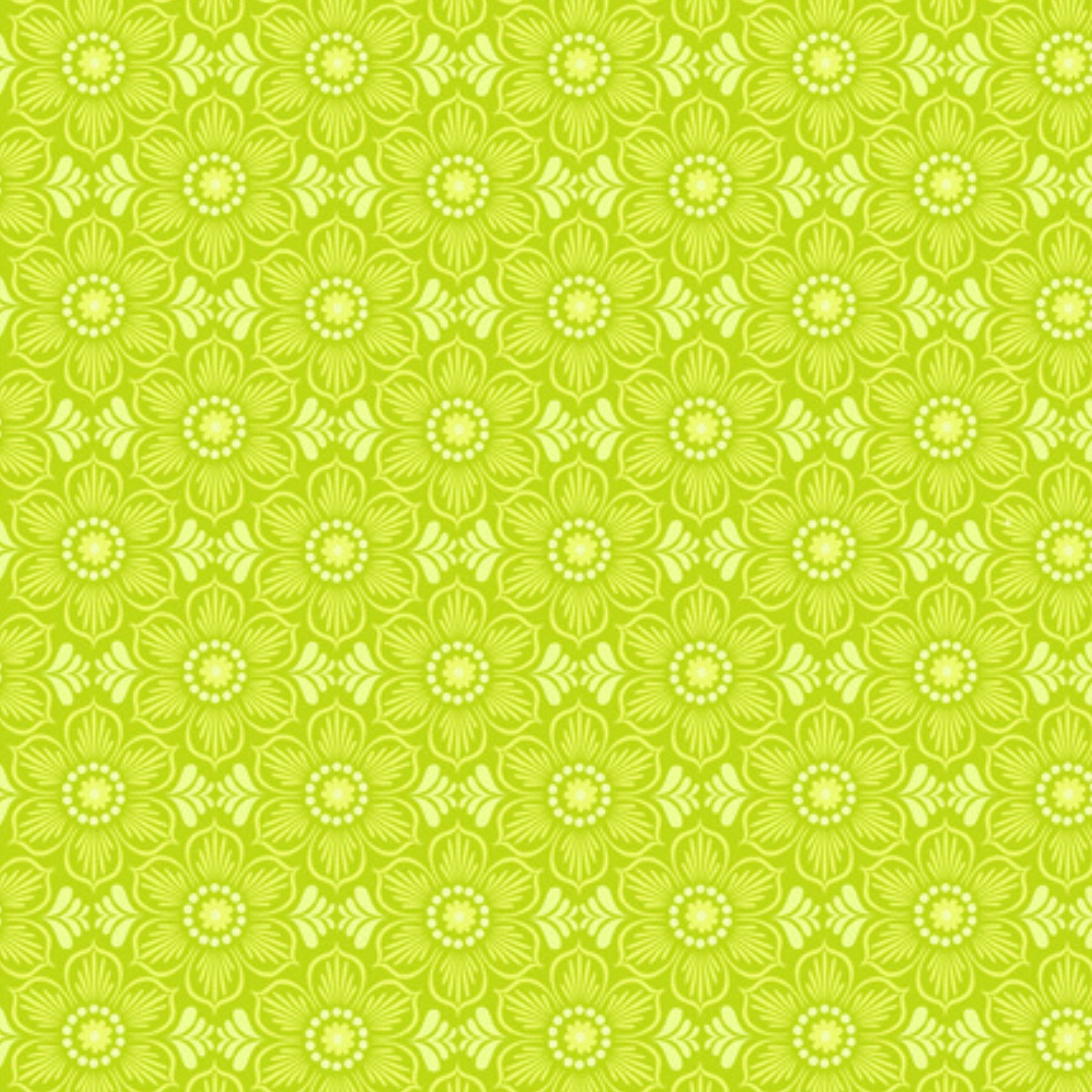 Lime green floral blender fabric with a geometric pattern of interlocking flowers for quilting patchwork sewing