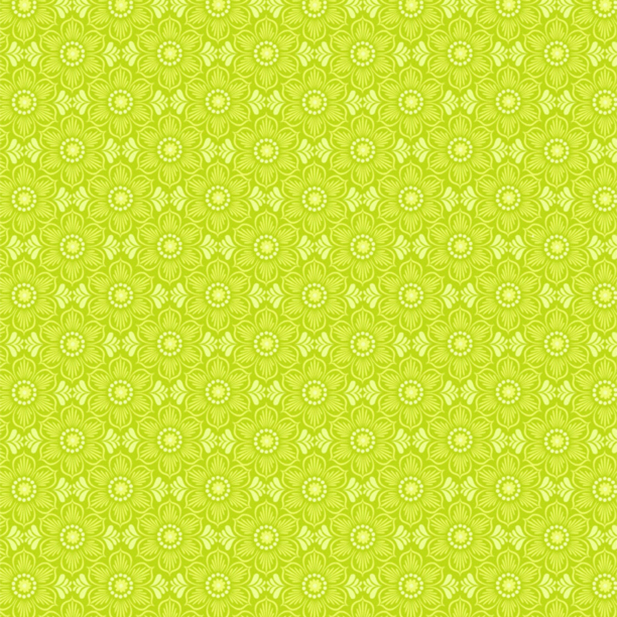 Lime green floral blender fabric with a geometric pattern of interlocking flowers for quilting patchwork sewing
