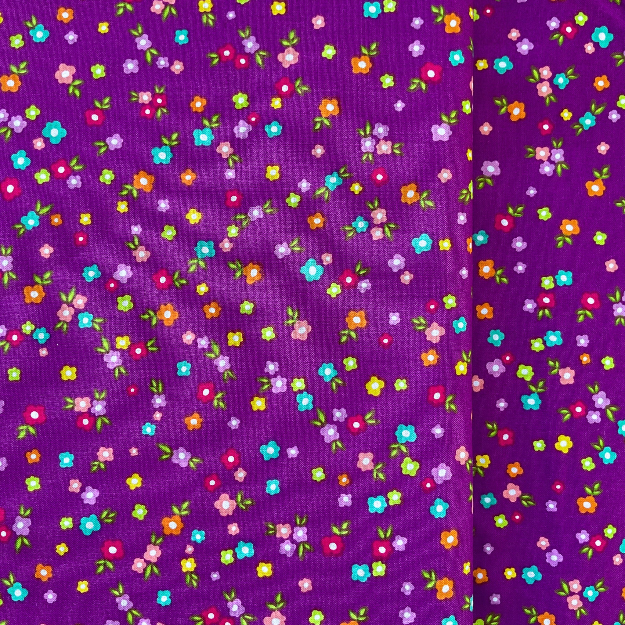 Ditzy flowers purple turquoise pink orange yellow fabric for quilts bags patchwork sewing projects