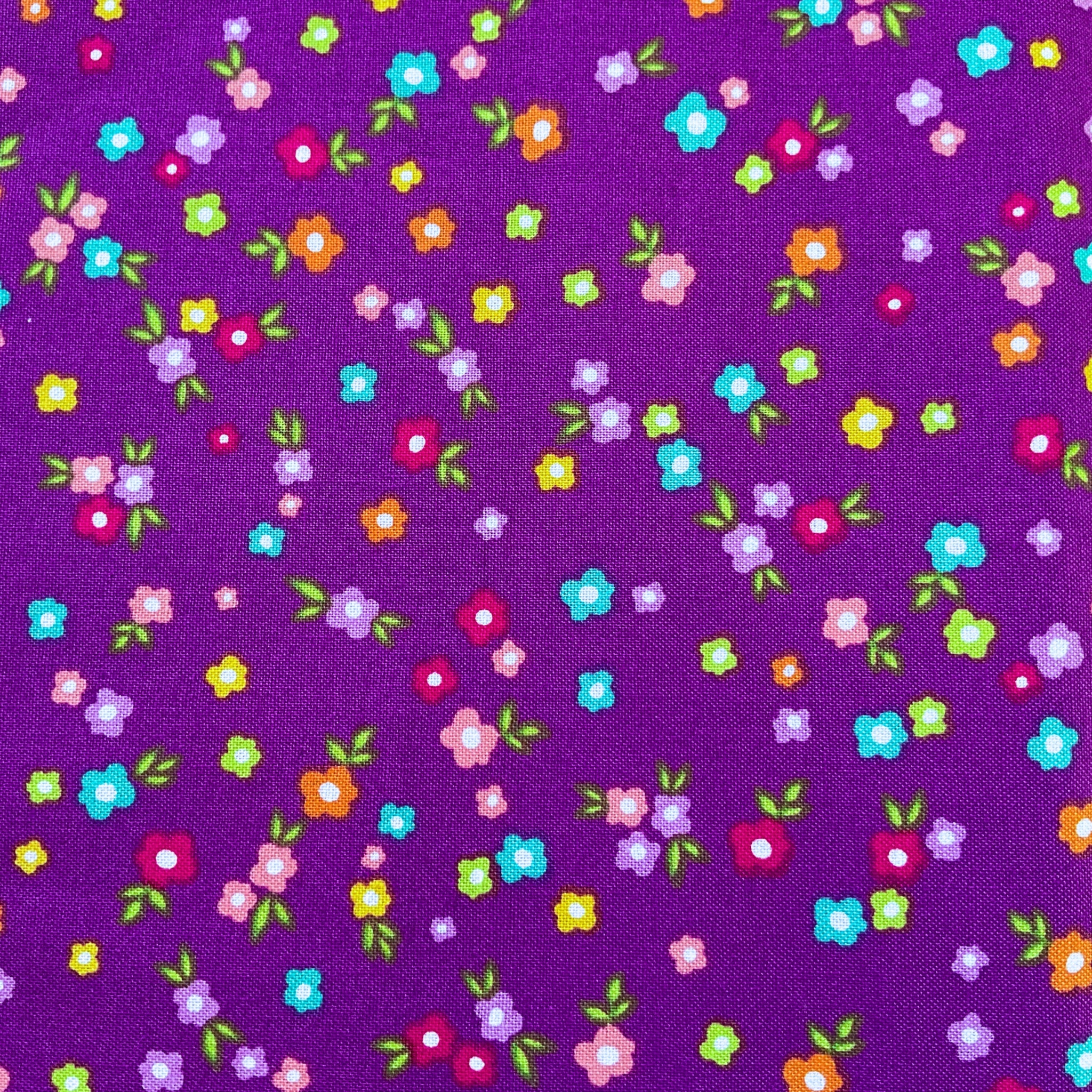 Ditzy blooms purple turquoise pink orange yellow fabric for quilts bags patchwork sewing projects