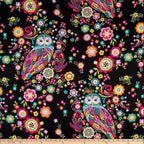 Large owls flowers black pink turquoise orange fabric for quilts wall hangings bags patchwork sewing projects