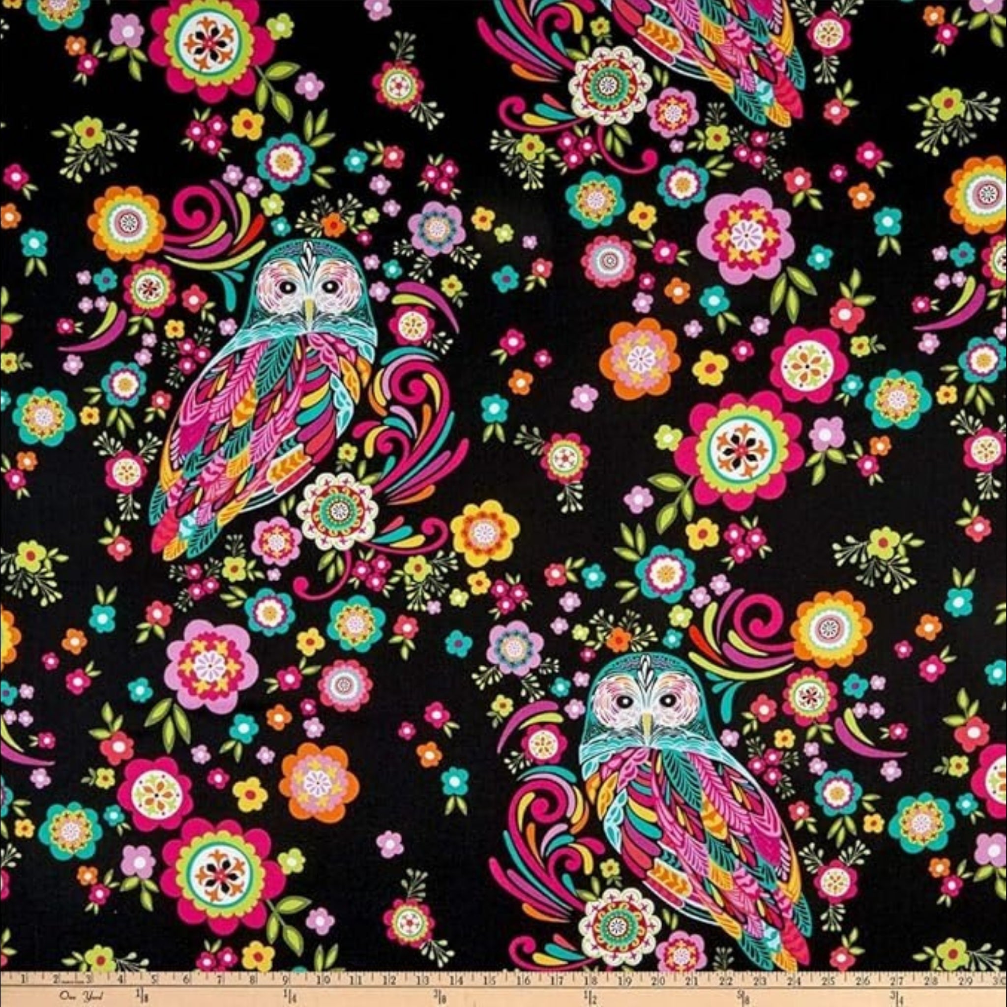 Large owls flowers black pink turquoise orange fabric for quilts wall hangings bags patchwork sewing projects