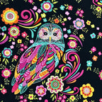 Owls retro floral black pink turquoise orange fabric for quilts wall hangings bags patchwork sewing projects