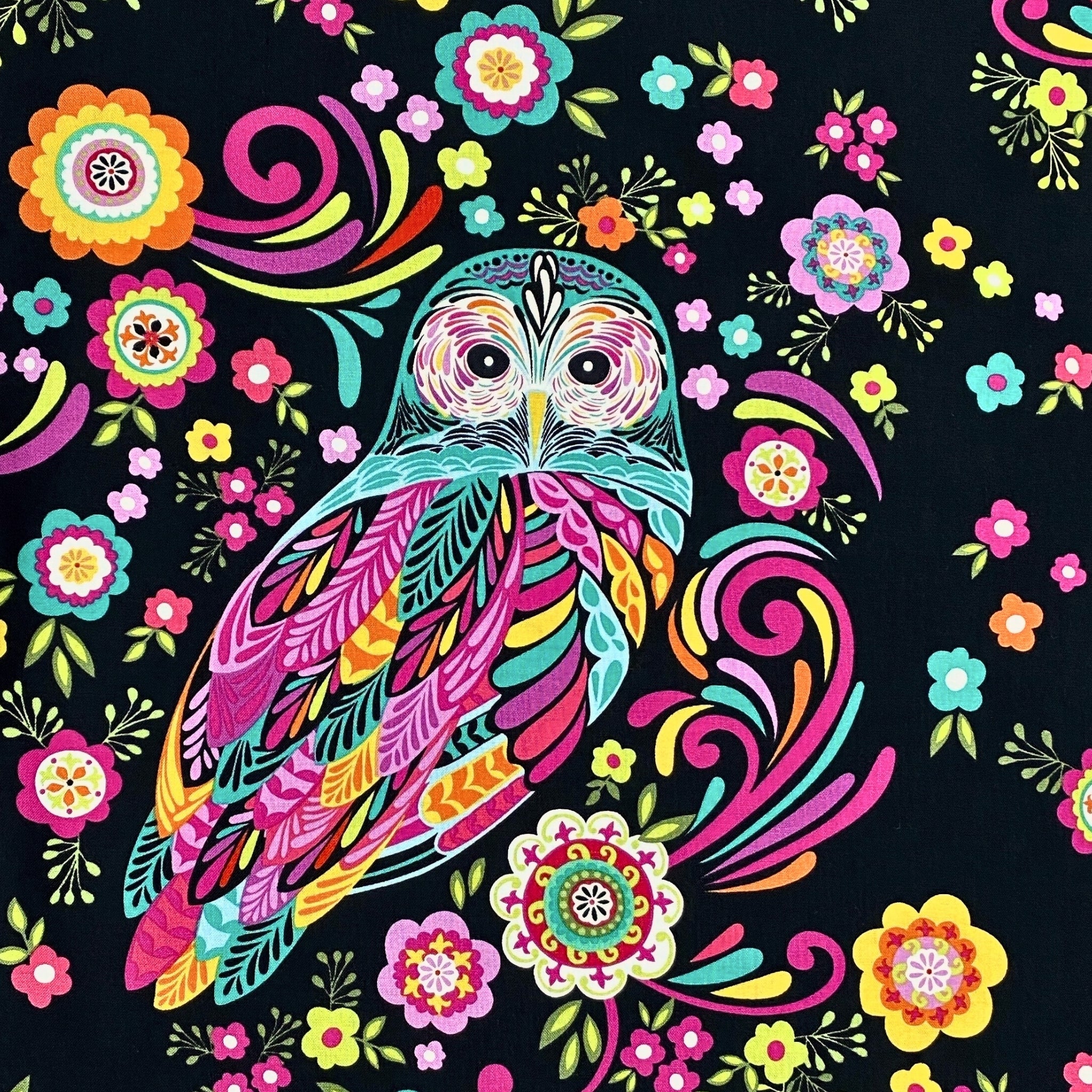 Owls retro floral black pink turquoise orange fabric for quilts wall hangings bags patchwork sewing projects