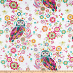 Owls flowers white pink turquoise orange fabric for quilts wall hangings bags patchwork sewing projects