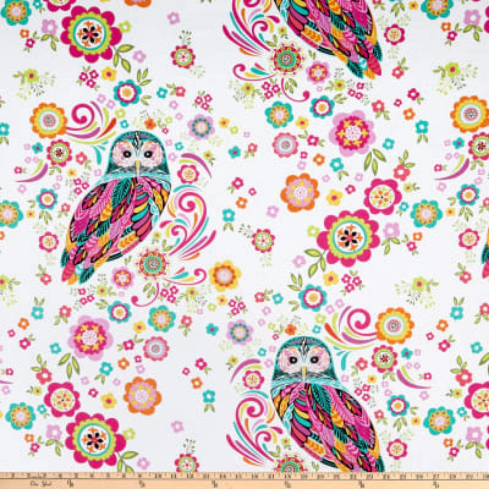 Owls flowers white pink turquoise orange fabric for quilts wall hangings bags patchwork sewing projects
