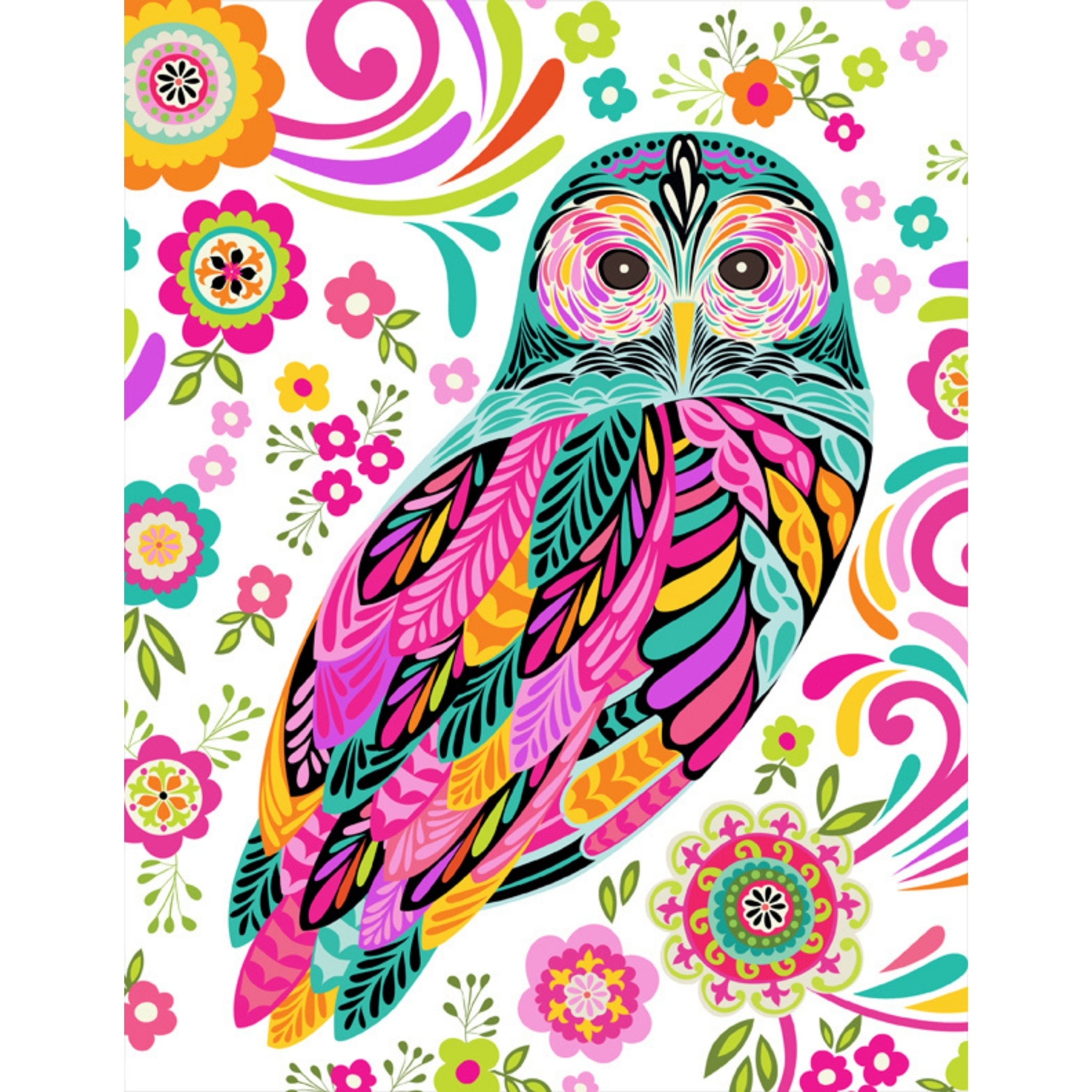 Large owls flowers white pink turquoise orange fabric for quilts wall hangings bags patchwork sewing projects