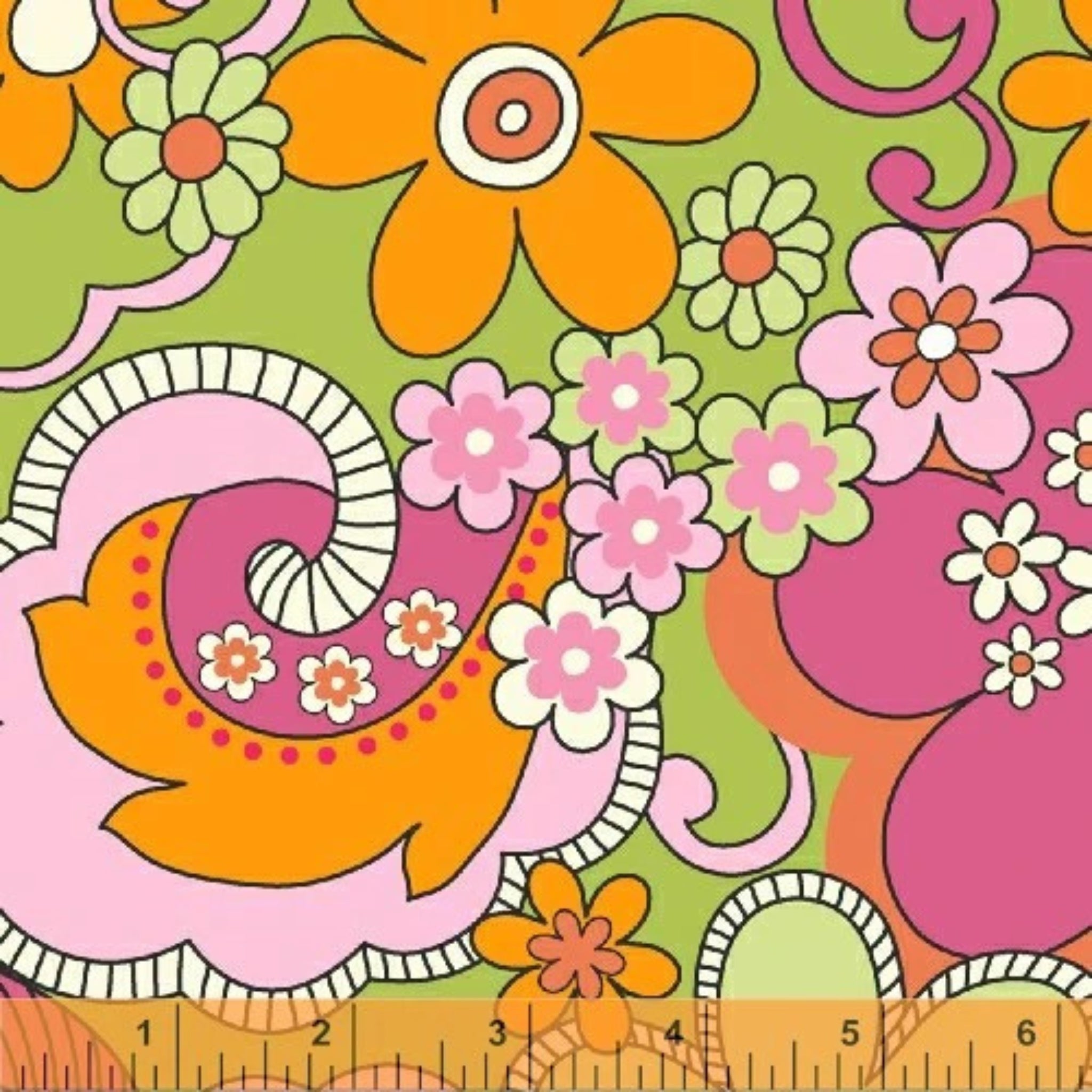 Groovy mod flowers paisley swirls lime green background retro fabric for 60s 70s themed quilts