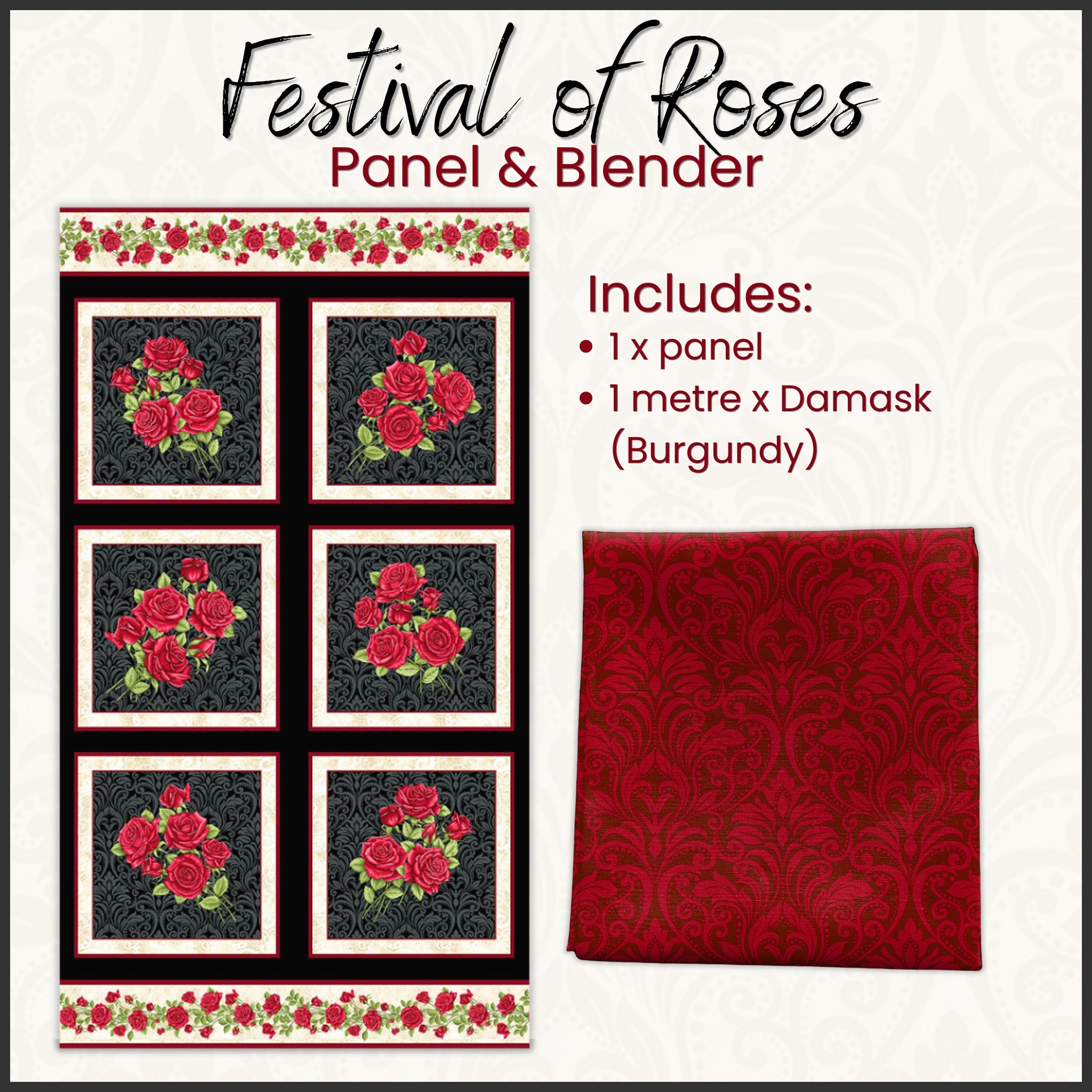 Festival of Roses black rose panel and burgundy damask blender quilting fabric bundle 1 panel 1 metre for quilts and wall hangings