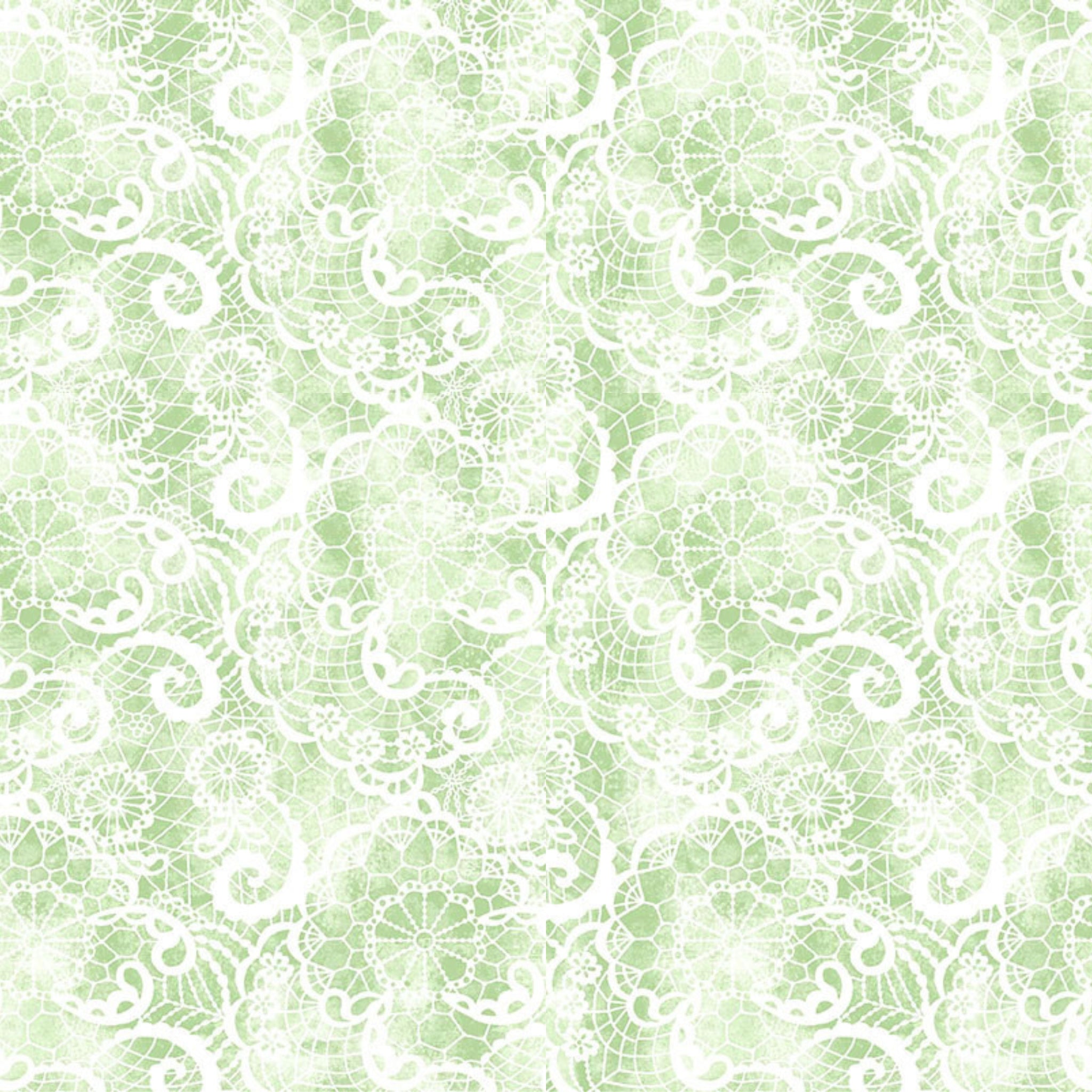 Festival of Roses sage green white lace print quilting cotton fabric for heirloom quilts table runners and patchwork projects
