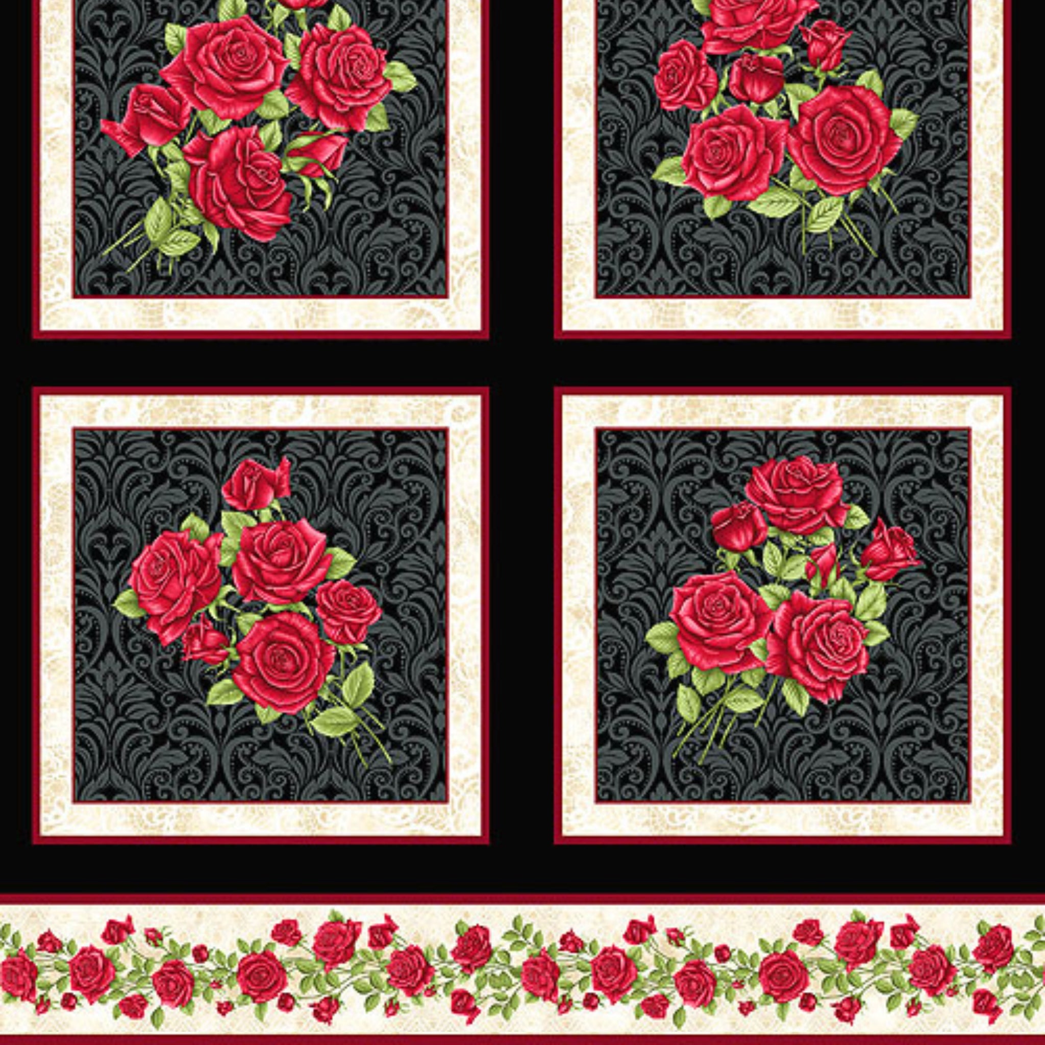 Festival of Roses red rose bouquets black damask panel fabric for quilts wall hangings and elegant sewing projects