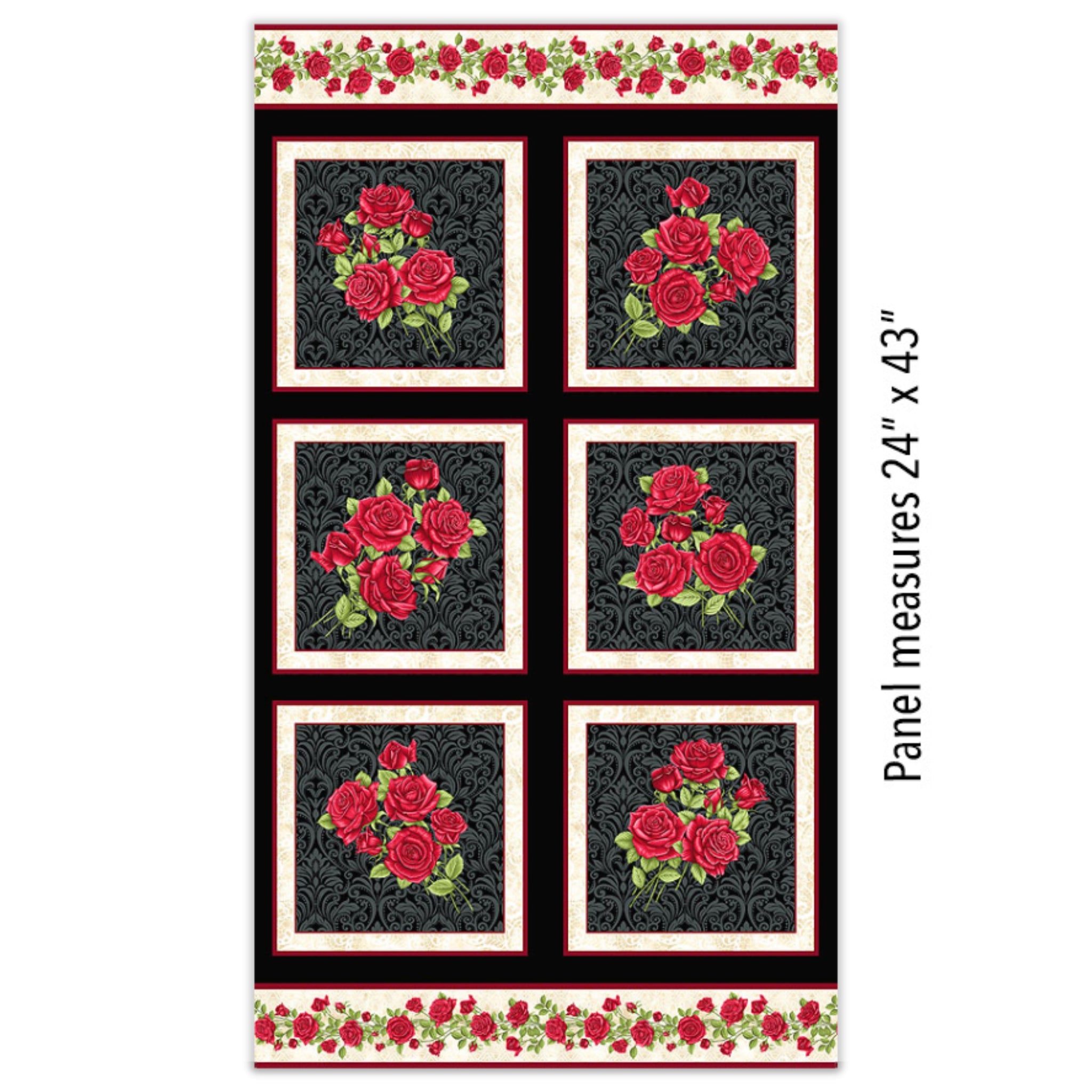 Festival of Roses red rose bouquets black damask panel fabric 24 x 43 inches for quilts and wall hangings