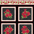Festival of Roses red rose vine border strip black damask panel fabric for quilts and wall hangings