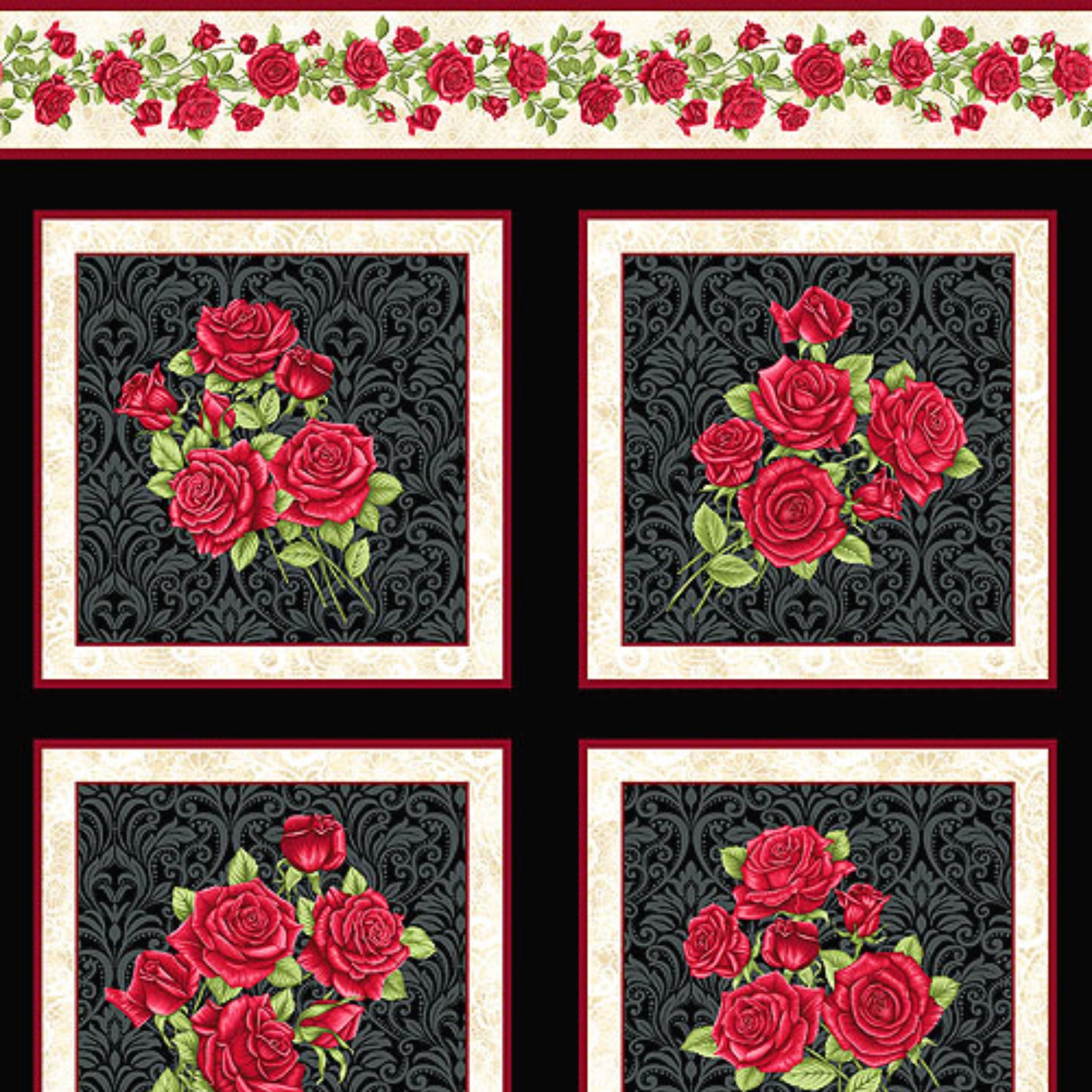 Festival of Roses red rose vine border strip black damask panel fabric for quilts and wall hangings
