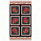 Festival of Roses red rose bouquets black damask panel fabric for quilts wall hangings and elegant sewing projects