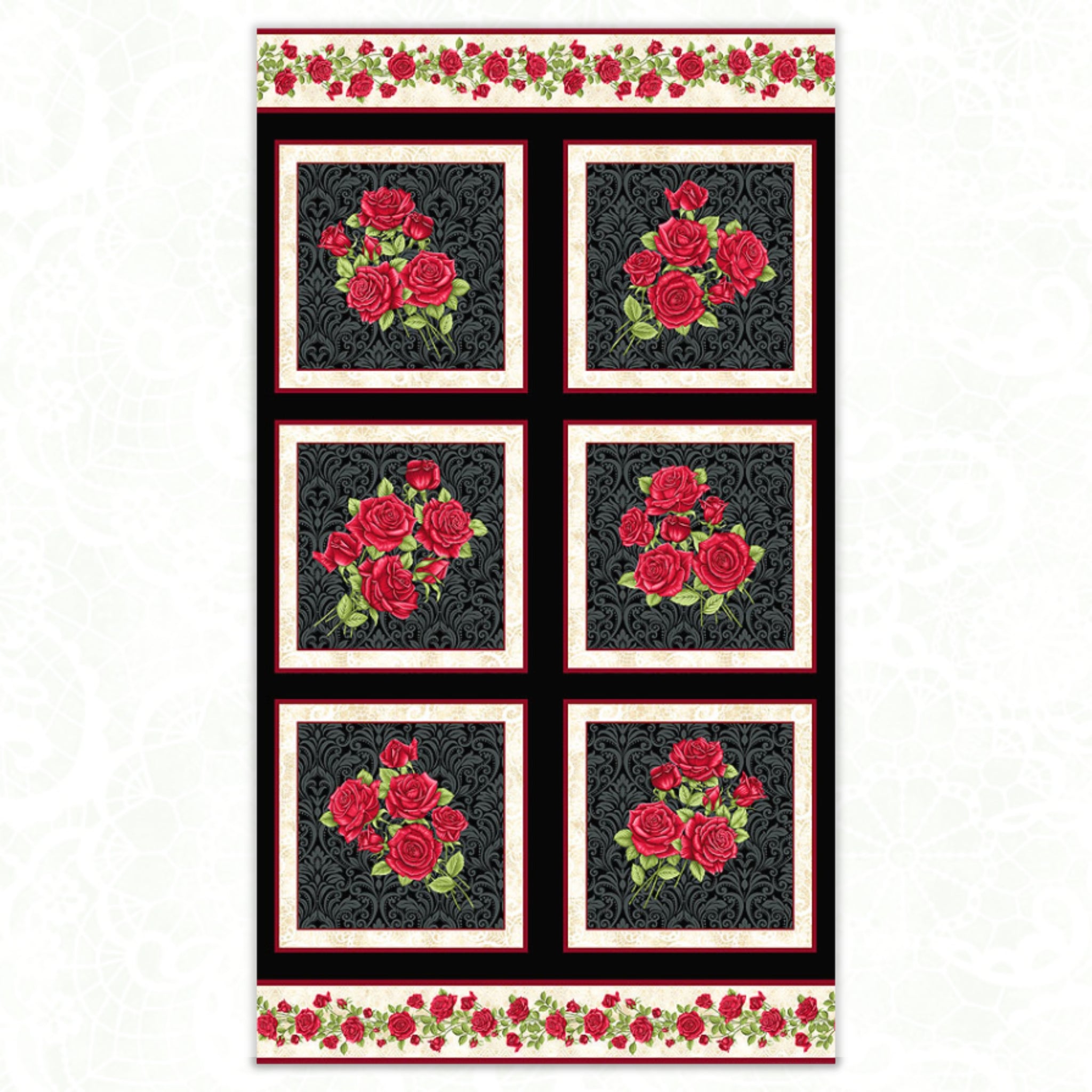 Festival of Roses red rose bouquets black damask panel fabric for quilts wall hangings and elegant sewing projects
