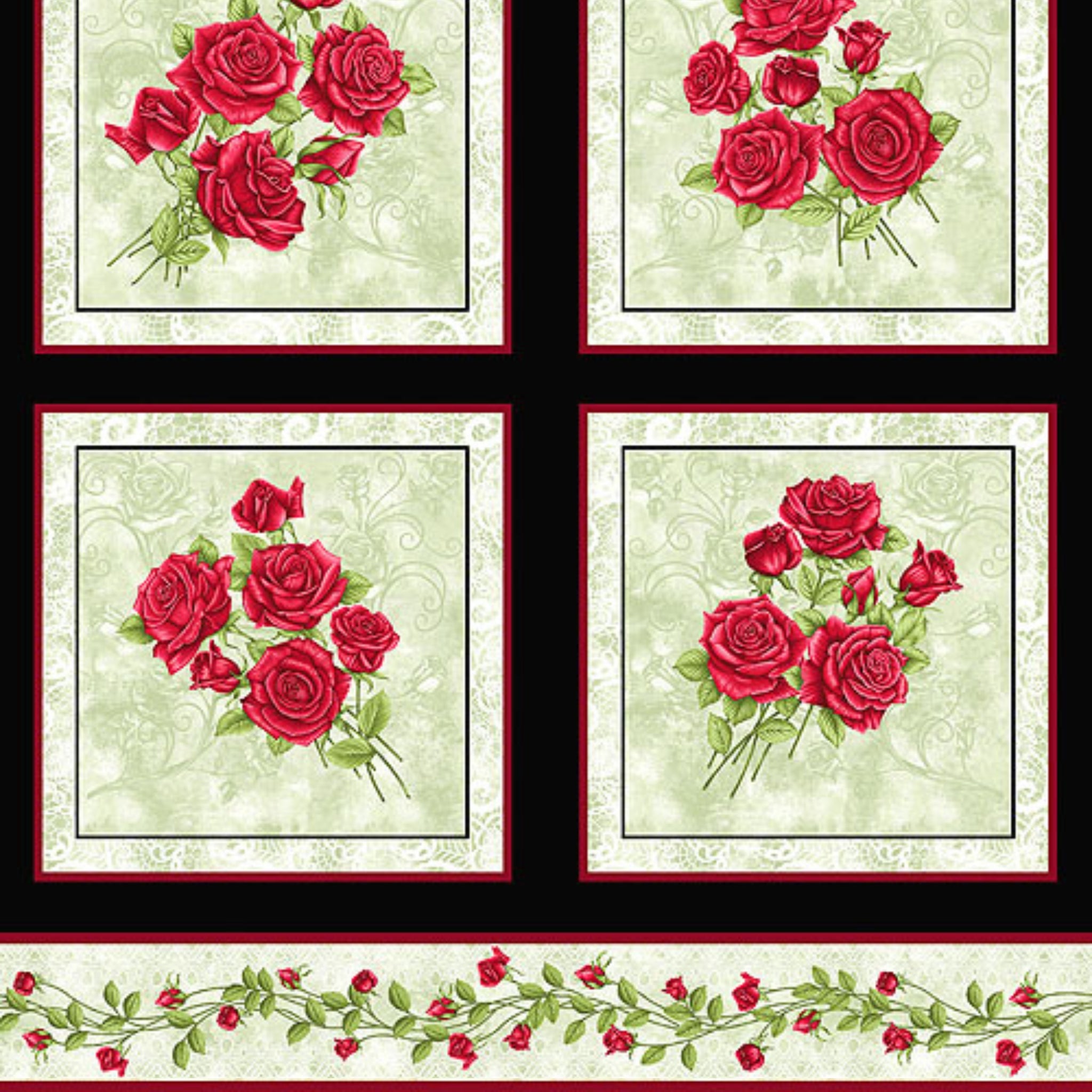 Festival of Roses red rose vine border strip cream panel fabric for quilts and wall hangings
