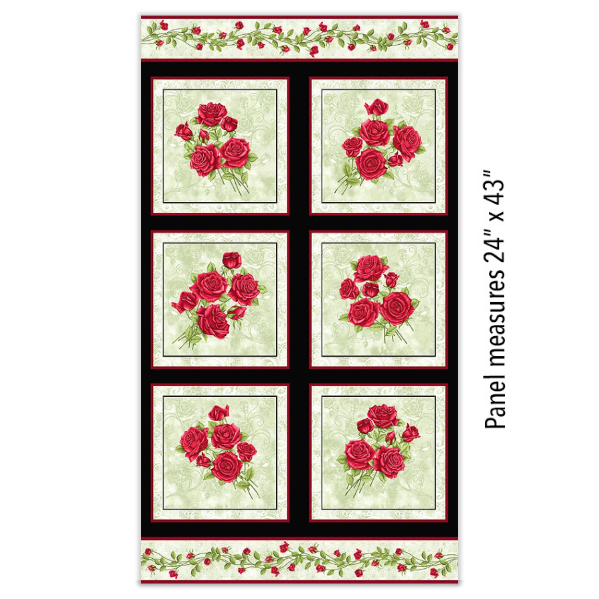 Festival of Roses red rose bouquets sage green cream panel fabric 24 x 43 inches for quilts and wall hangings