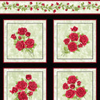 Festival of Roses red rose bouquets sage green cream panel fabric for quilts wall hangings and elegant sewing projects