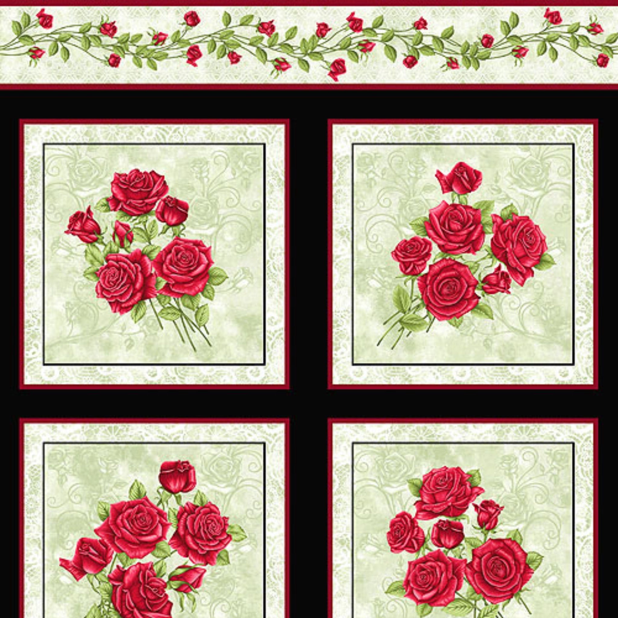 Festival of Roses red rose bouquets sage green cream panel fabric for quilts wall hangings and elegant sewing projects