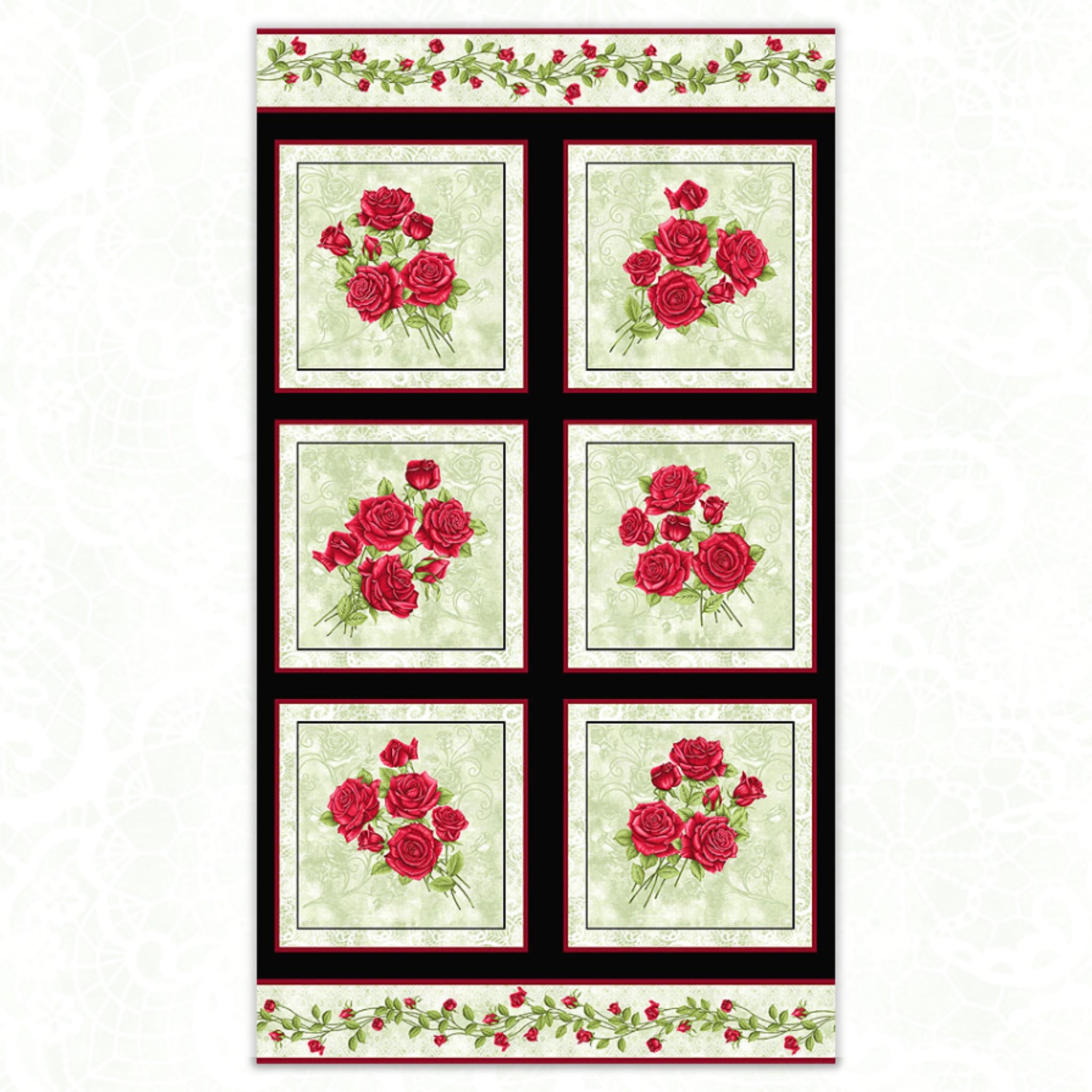 Festival of Roses red rose bouquets sage green cream panel fabric for quilts wall hangings and elegant sewing projects