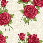 Large red roses buds cream damask background quilting cotton fabric for traditional quilts heirloom projects and patchwork