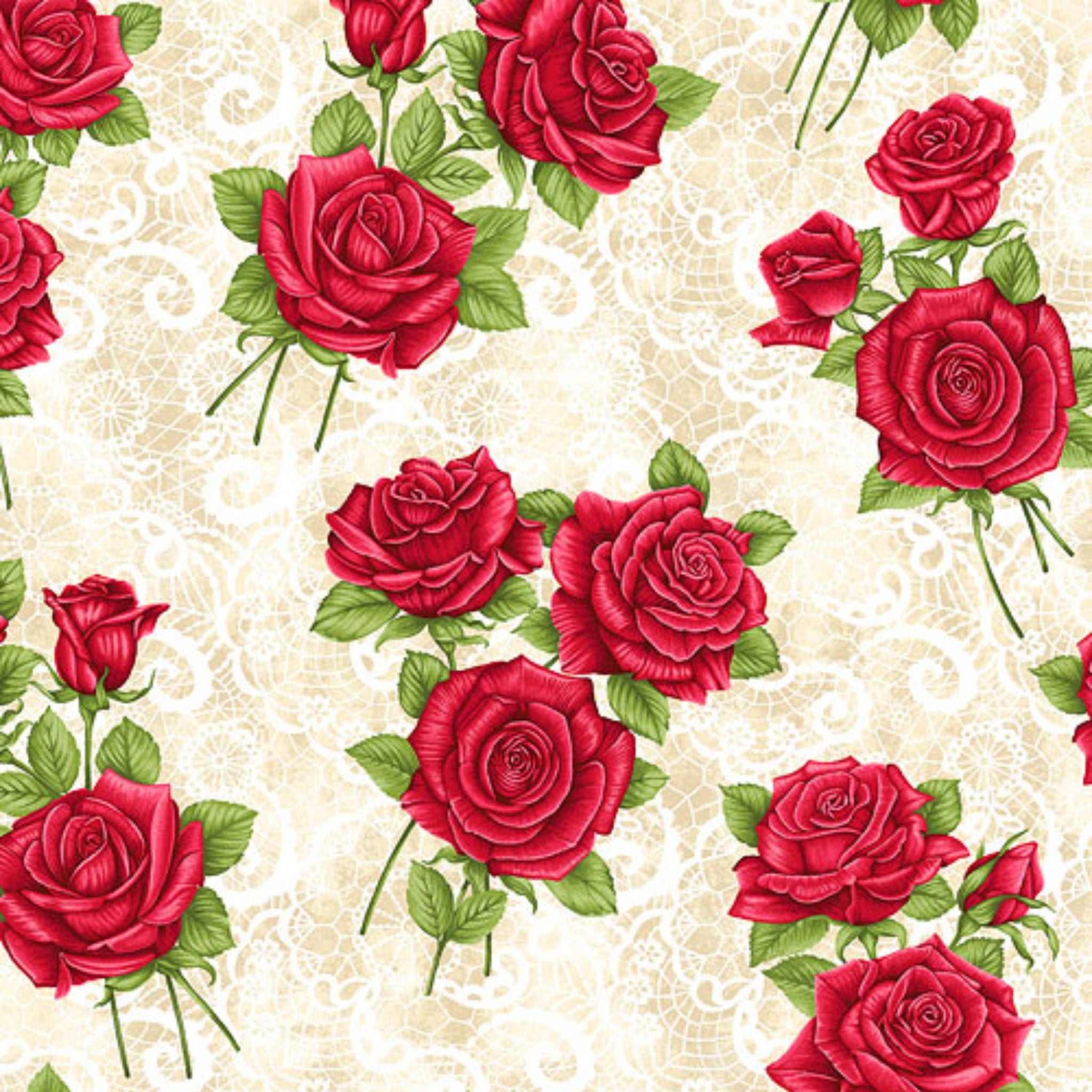 Large red roses scattered cream lace quilting cotton fabric for traditional quilts heirloom projects and patchwork