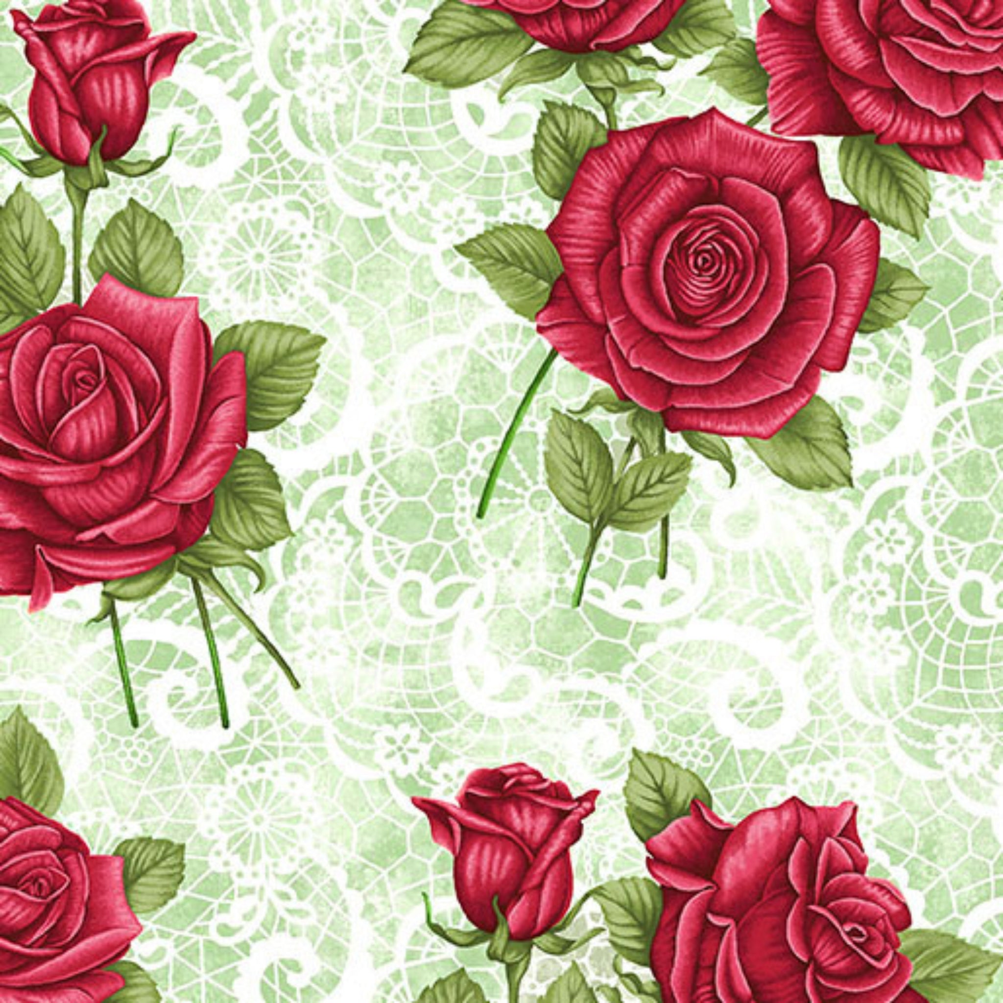 Large red roses buds sage green lace background quilting cotton fabric for traditional quilts heirloom projects and patchwork