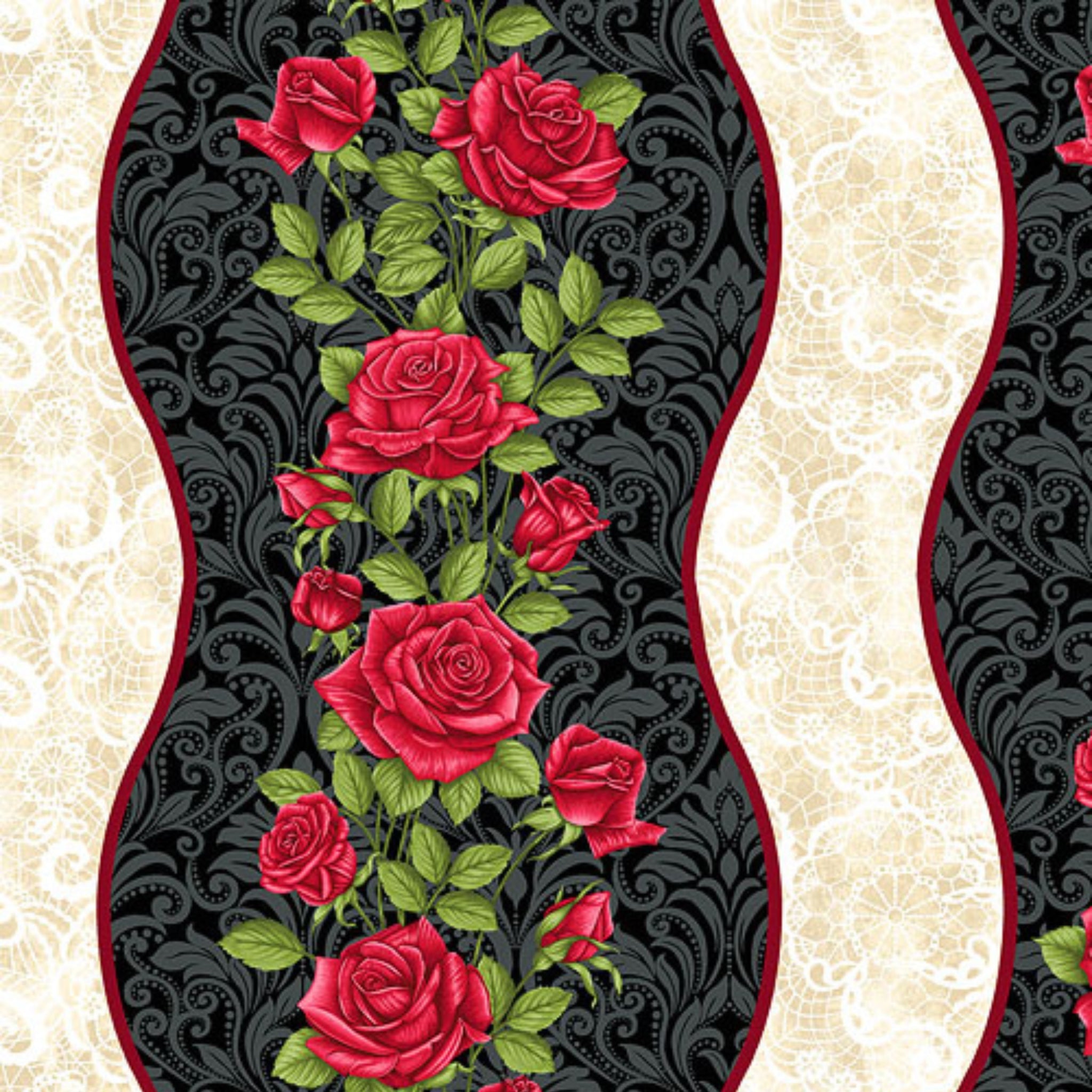 Red rose garland wavy stripe black damask cream lace quilting cotton fabric for borders table runners and quilts