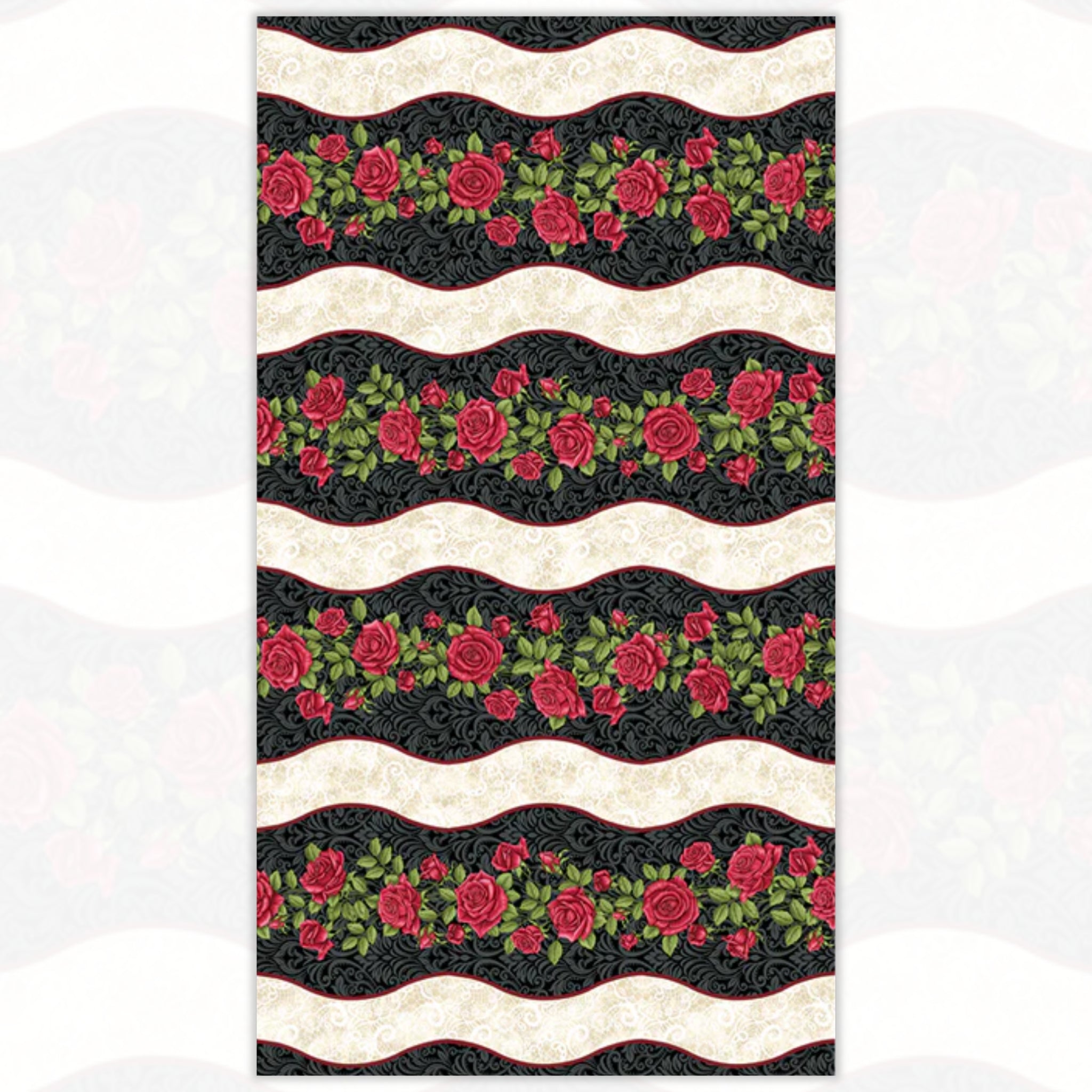 Festival of Roses wavy stripe red roses black damask cream lace quilting fabric for borders table runners and feature quilts
