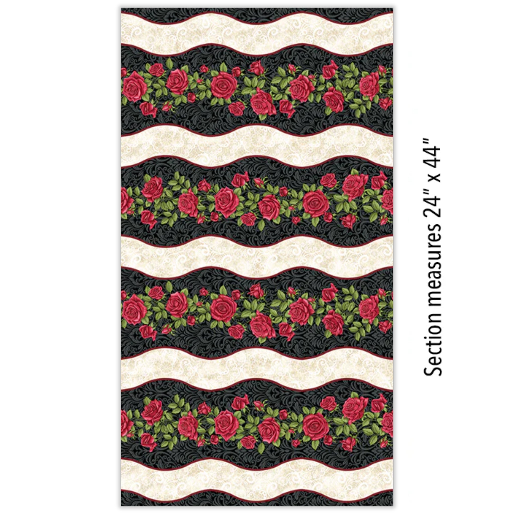 Festival of Roses wavy stripe red roses black damask cream lace quilting fabric for borders table runners and feature quilts