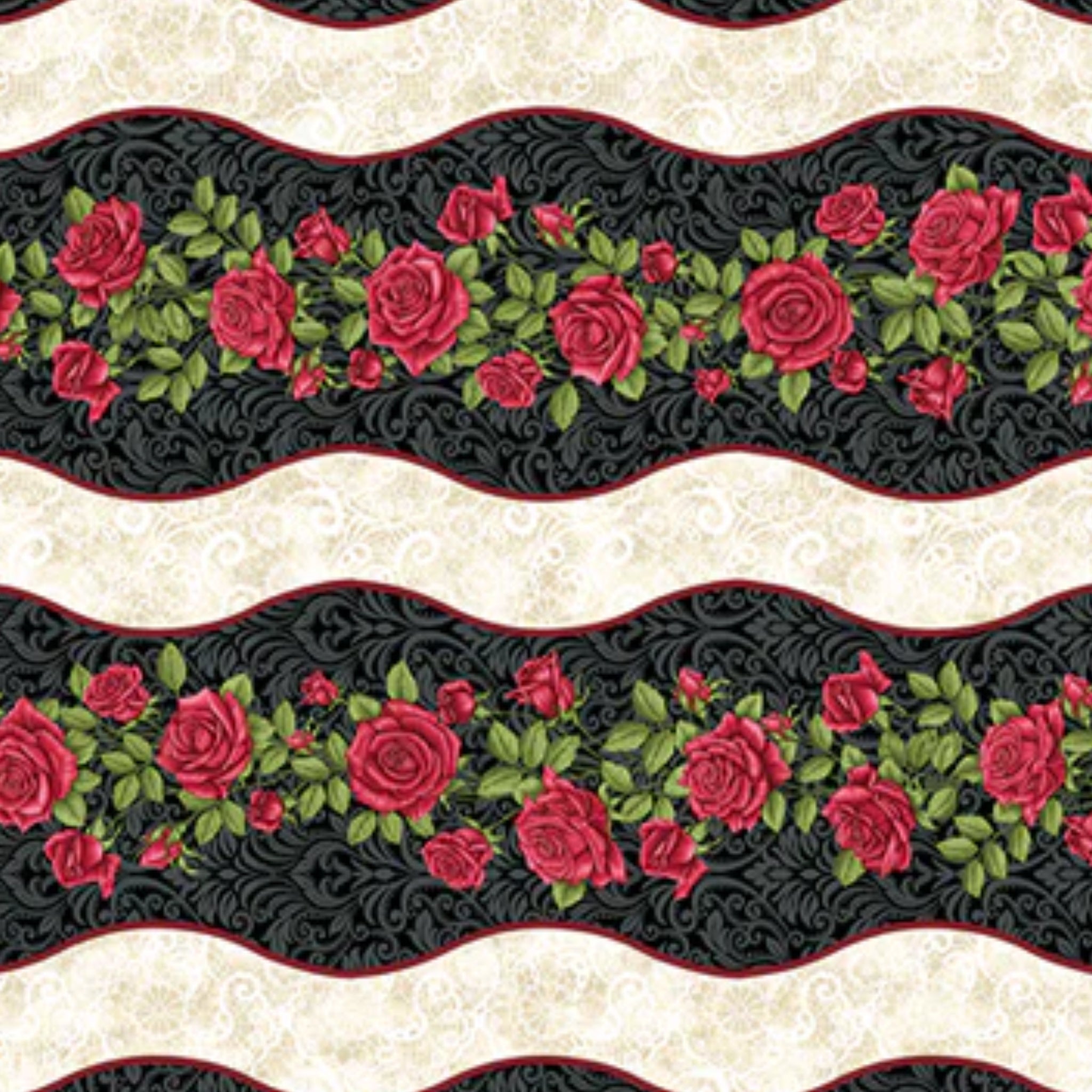 Red rose garland wavy stripe black damask cream lace quilting cotton fabric for borders table runners and quilts