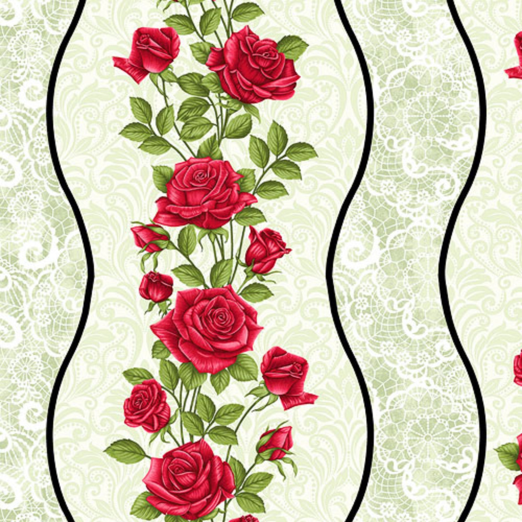 Red rose garland vines wavy stripe sage green lace cream quilting cotton fabric for borders table runners and quilts