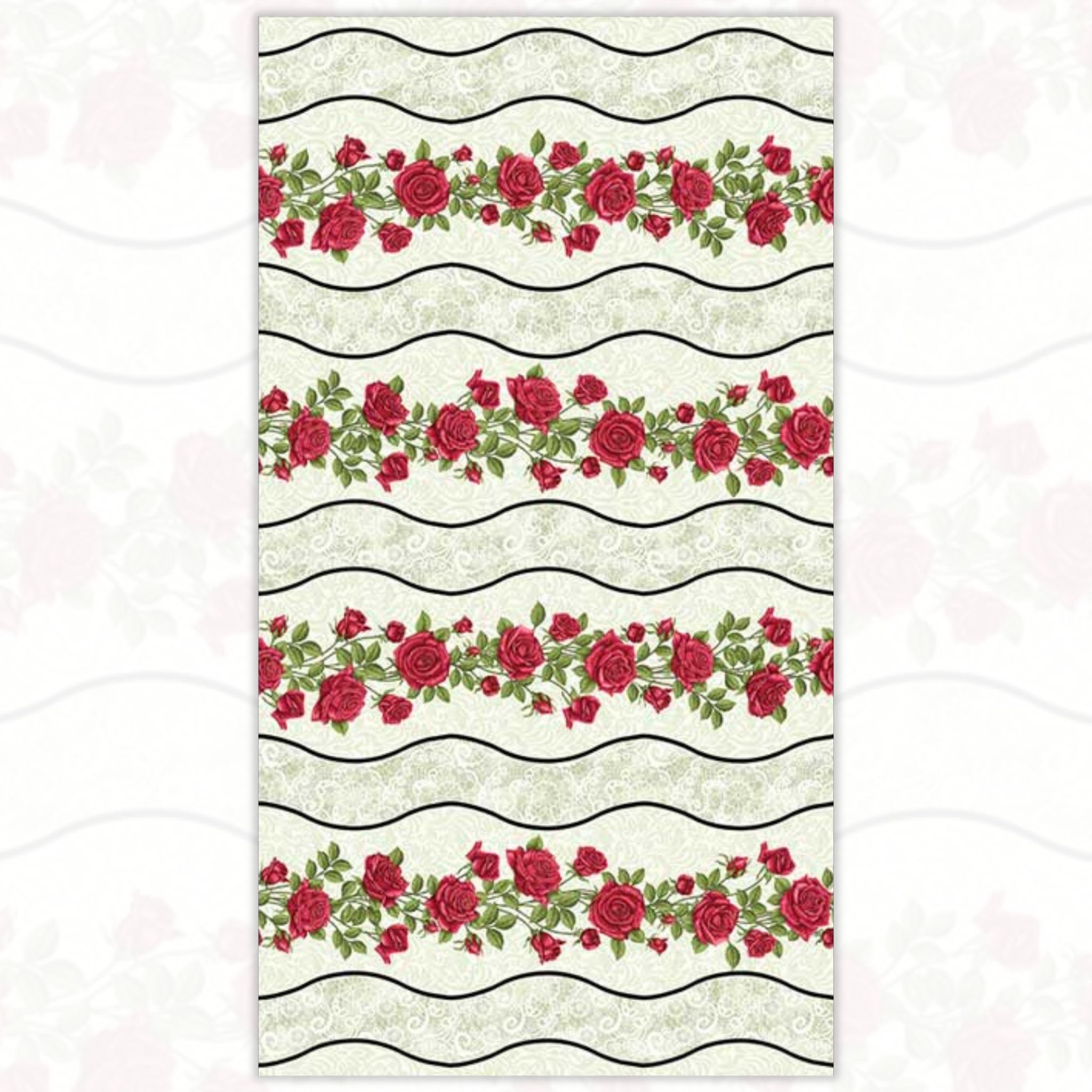 Festival of Roses wavy stripe red rose garland vines sage green lace cream quilting fabric for borders table runners and quilts