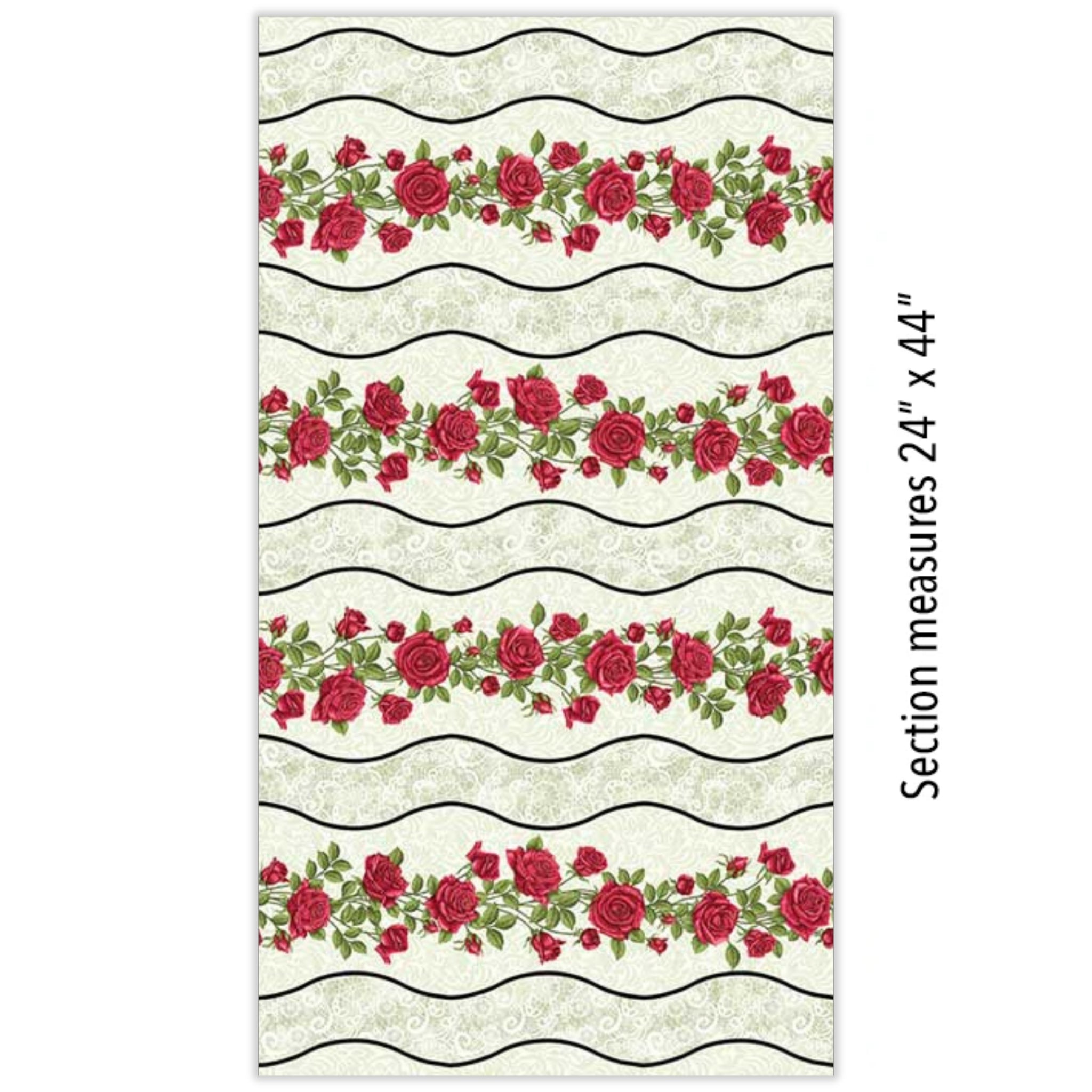 Festival of Roses wavy stripe red rose garland vines sage green lace cream quilting fabric for borders table runners and quilts