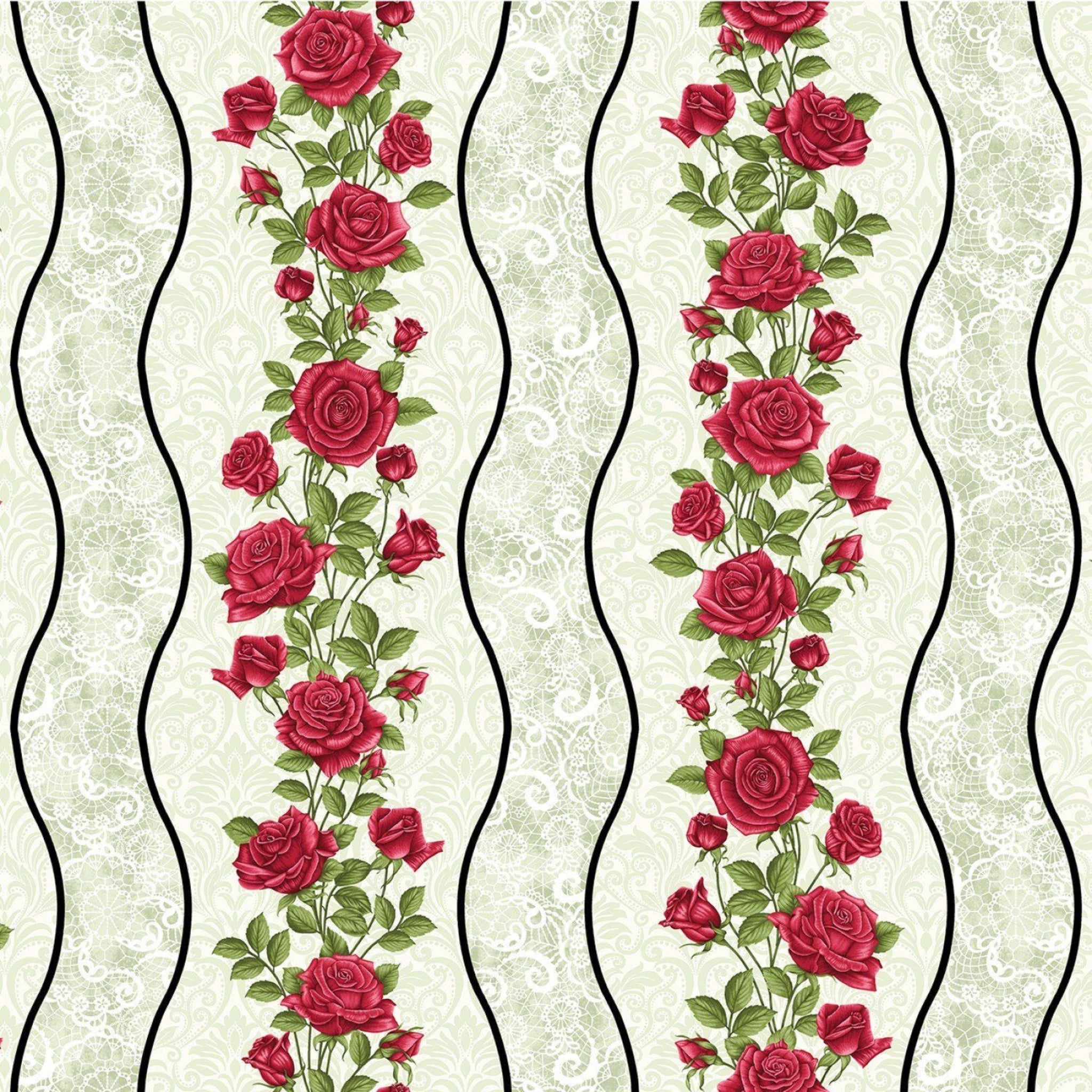 Red rose garland vines wavy stripe sage green lace cream quilting cotton fabric for borders table runners and quilts