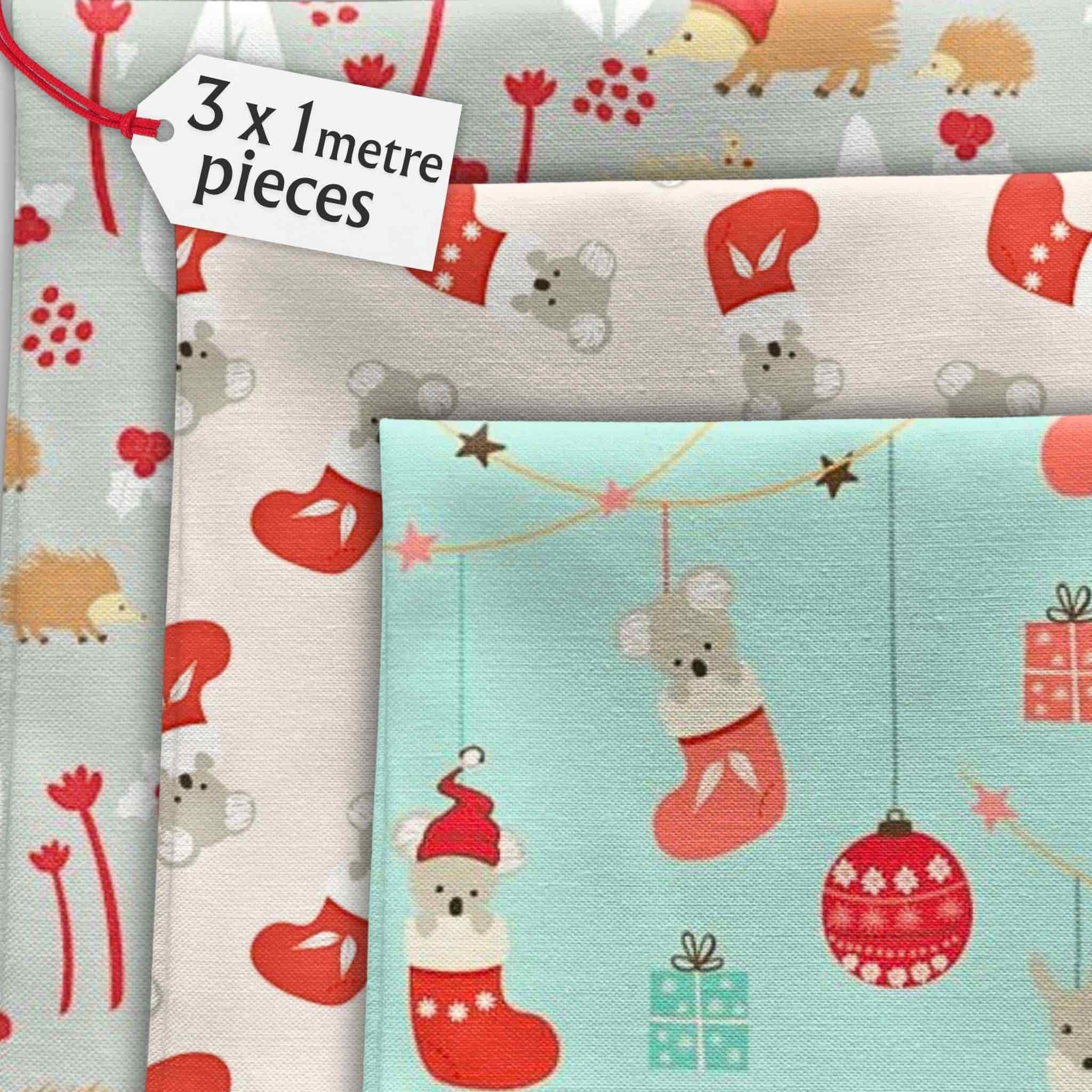 Bundle of 3 coordinating Christmas fabrics featuring Australian koalas and echidnas