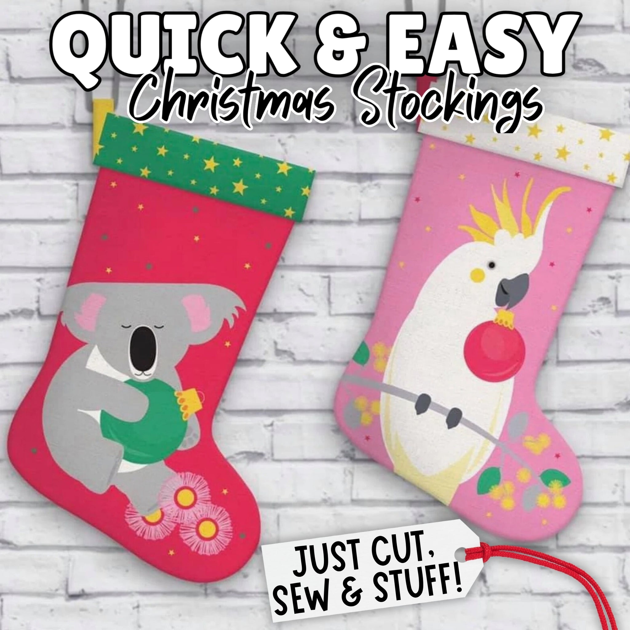 Two Christmas stockings fabric pattern panel designs with a koala and a cockatoo