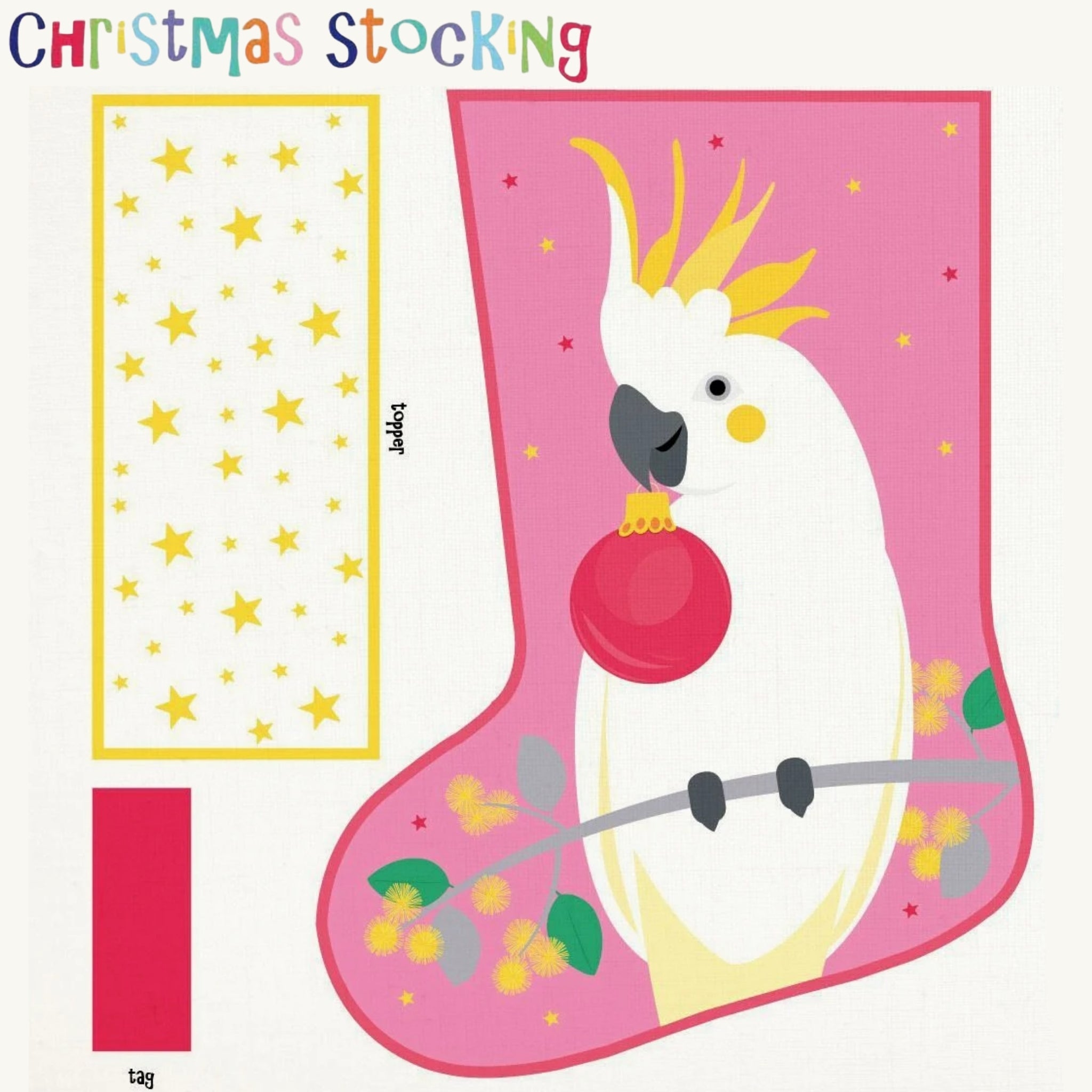 Quick and easy cockatoo Christmas stocking fabric panel with festive design