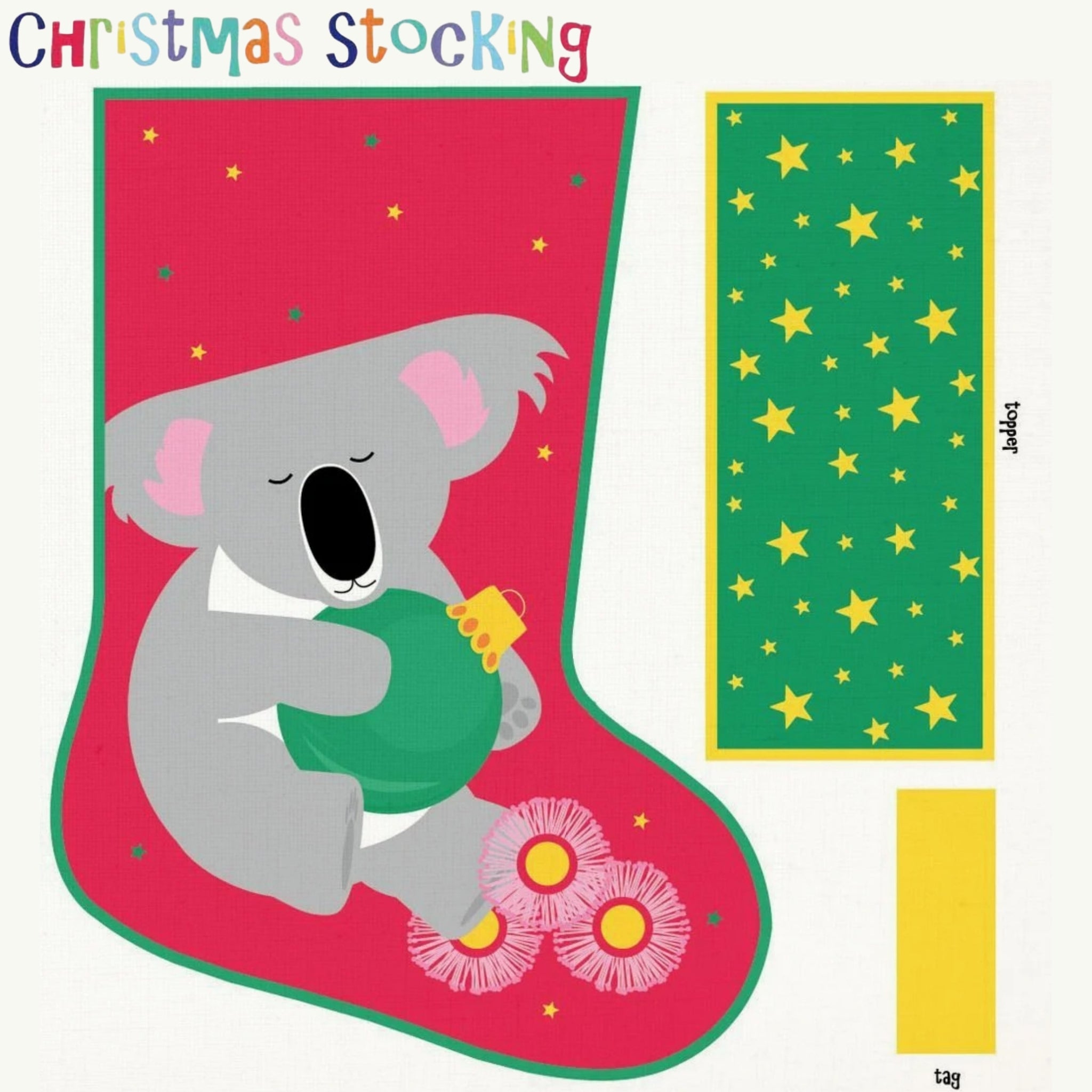 Quick and easy koala Christmas stocking fabric panel with festive design