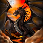 Black dragon fiery orange red sunset moon close-up multi fantasy quilts wall hangings patchwork sewing projects