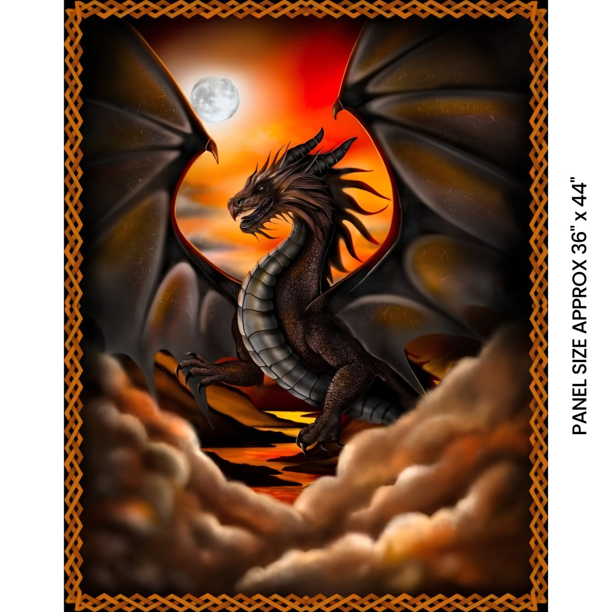 Black dragon fiery orange red sunset moon Celtic border panel multi fantasy quilts wall hangings patchwork sewing projects