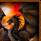 Black dragon fiery orange red sunset moon Celtic border panel multi fantasy quilts wall hangings patchwork sewing projects
