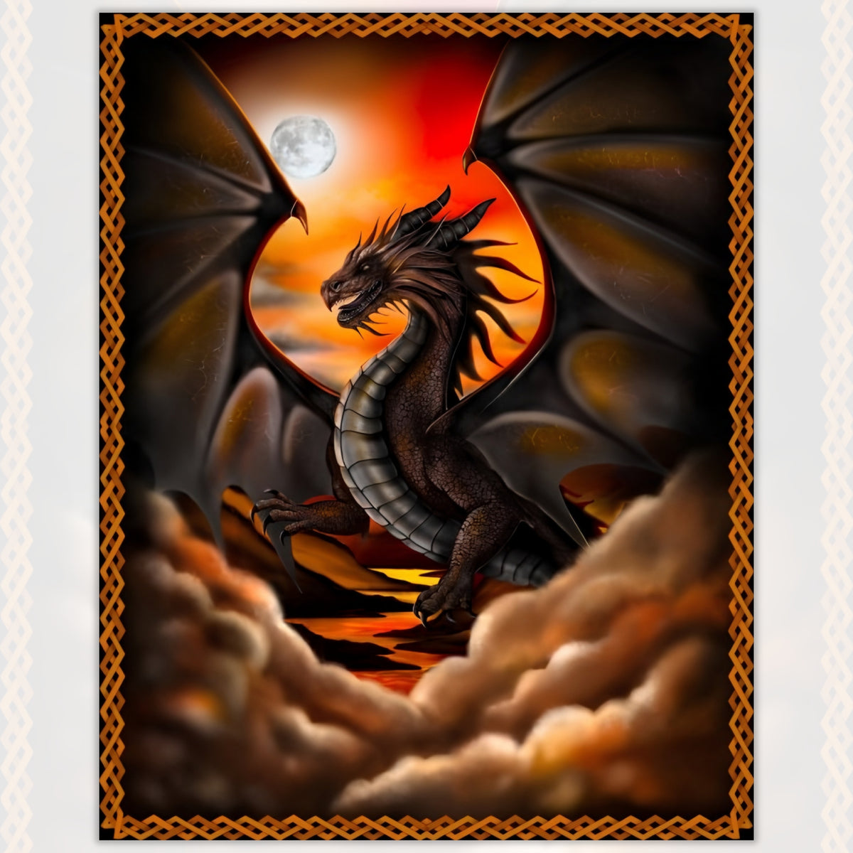 Black dragon fiery orange red sunset moon Celtic border panel multi fantasy quilts wall hangings patchwork sewing projects